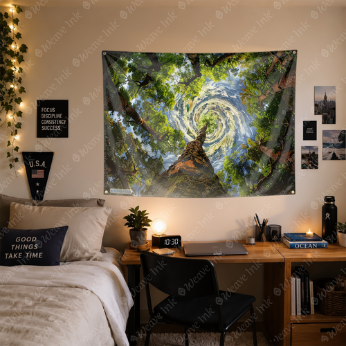 Enchanted Forest Tree Canopy Tapestry – Swirling Sky Fantasy Nature Wall Art