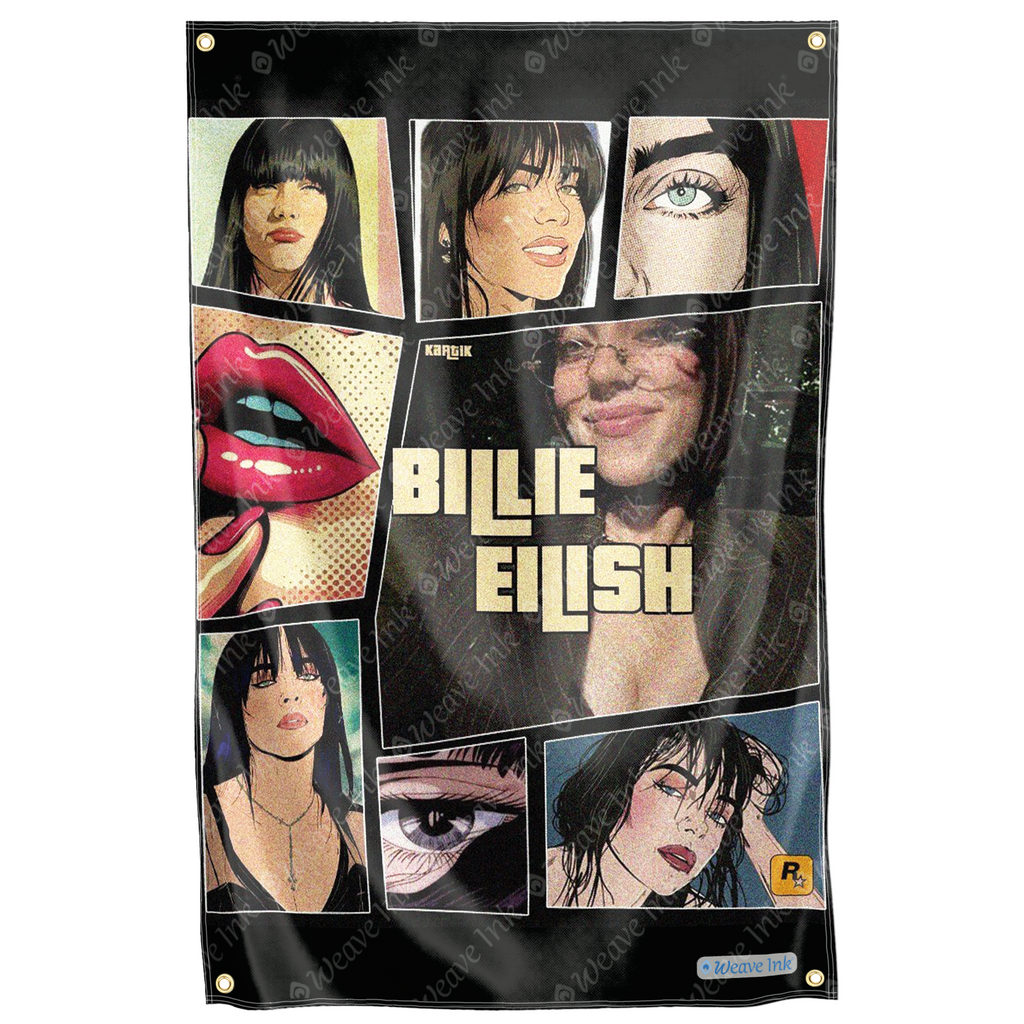 Billie Eilish Collage Flag Wall Hang Decor Tapestry Man Cave Garage Fan Gift