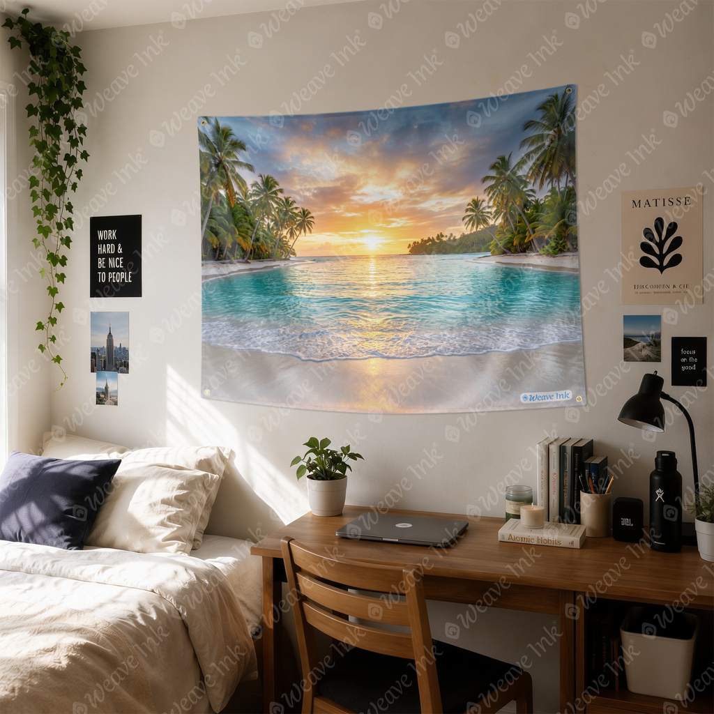 Luxury Tropical Beach Sunset Tapestry Wall Hanging – Turquoise Ocean Paradise Nature Wall Decor for Bedroom, Living Room & Dorm Room