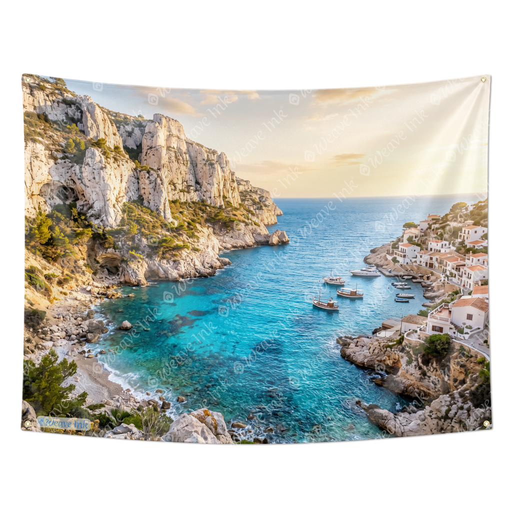 Mediterranean Coastal Cliffs Tapestry Wall Hanging – Crystal Blue Ocean Nature Wall Decor for Bedroom, Living Room & Dorm Room