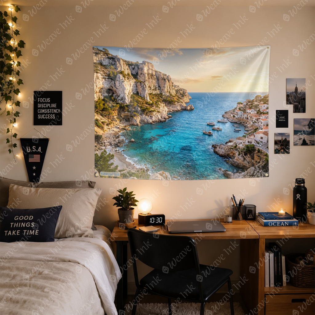 Mediterranean Coastal Cliffs Tapestry Wall Hanging – Crystal Blue Ocean Nature Wall Decor for Bedroom, Living Room & Dorm Room