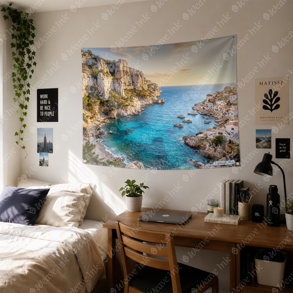 Mediterranean Coastal Cliffs Tapestry Wall Hanging – Crystal Blue Ocean Nature Wall Decor for Bedroom, Living Room & Dorm Room