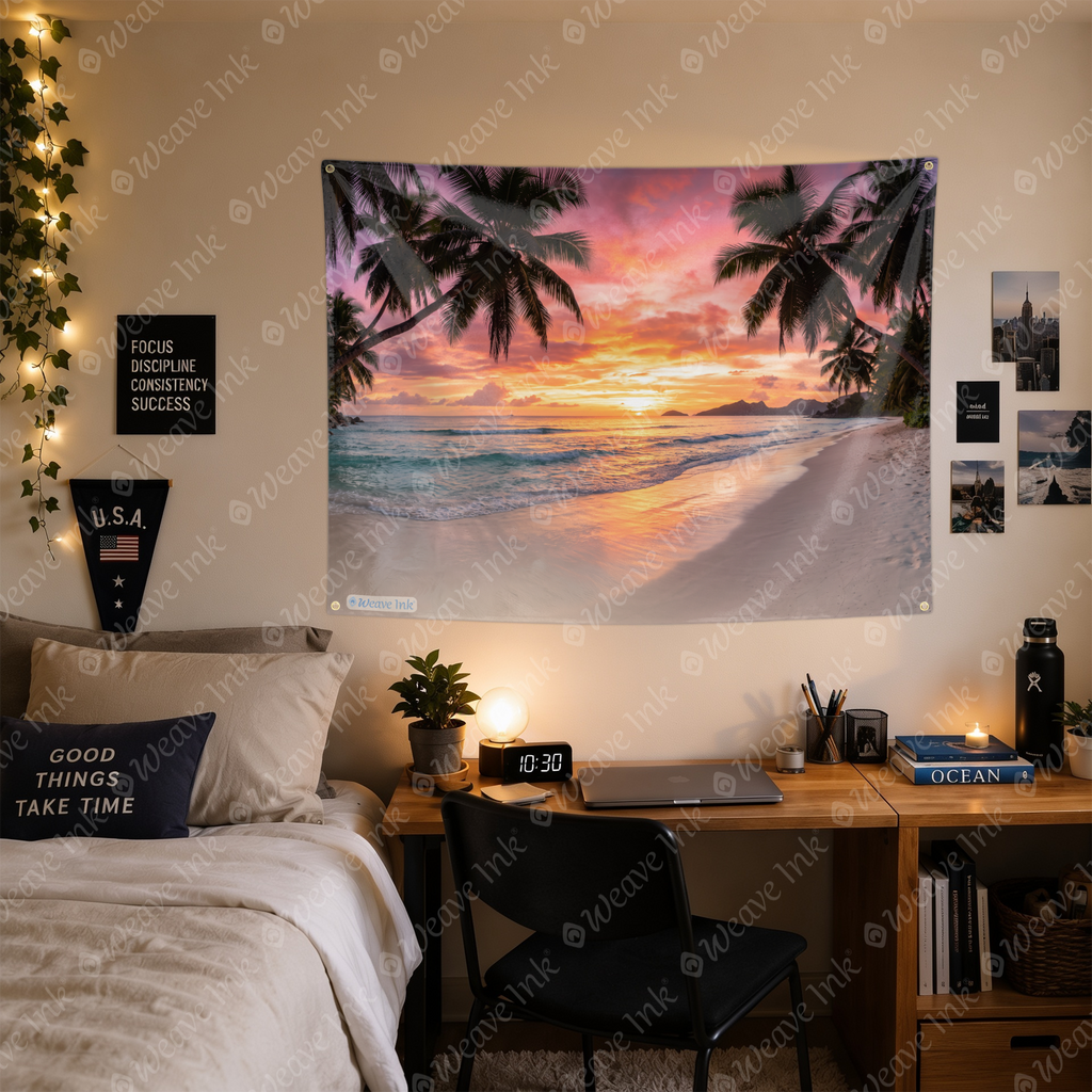 Pink Golden Sunset Beach Tapestry Wall Hanging – Tropical Ocean Paradise Wall Decor for Bedroom, Living Room & Dorm Room