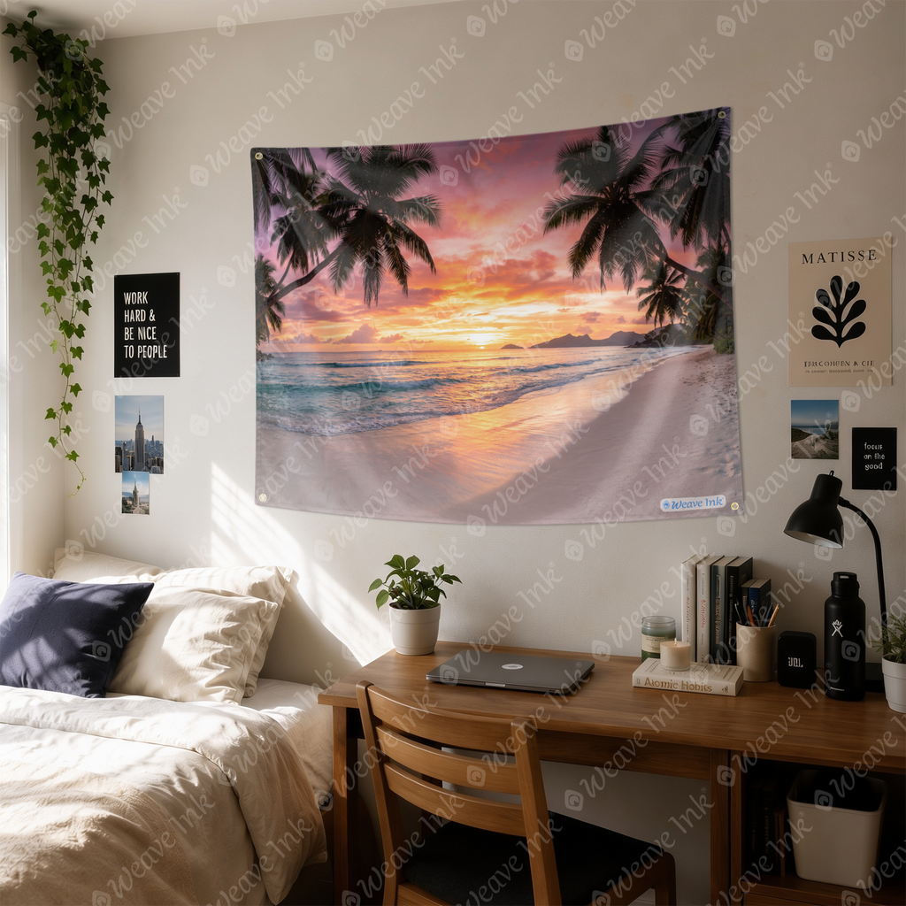 Pink Golden Sunset Beach Tapestry Wall Hanging – Tropical Ocean Paradise Wall Decor for Bedroom, Living Room & Dorm Room