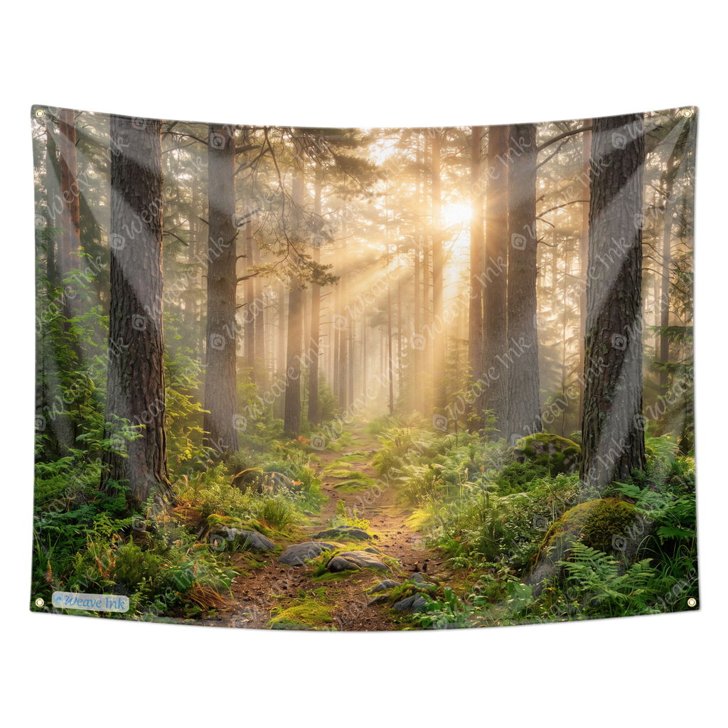 Sunlit Forest Path Tapestry – Enchanted Woodland Wall Hanging, Golden Sun Rays Nature Landscape Decor for Bedroom, Dorm & Living Room