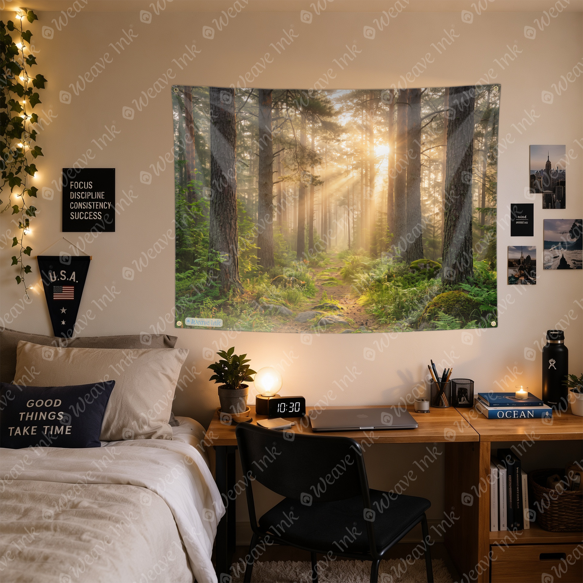 Sunlit Forest Path Tapestry – Enchanted Woodland Wall Hanging, Golden Sun Rays Nature Landscape Decor for Bedroom, Dorm & Living Room