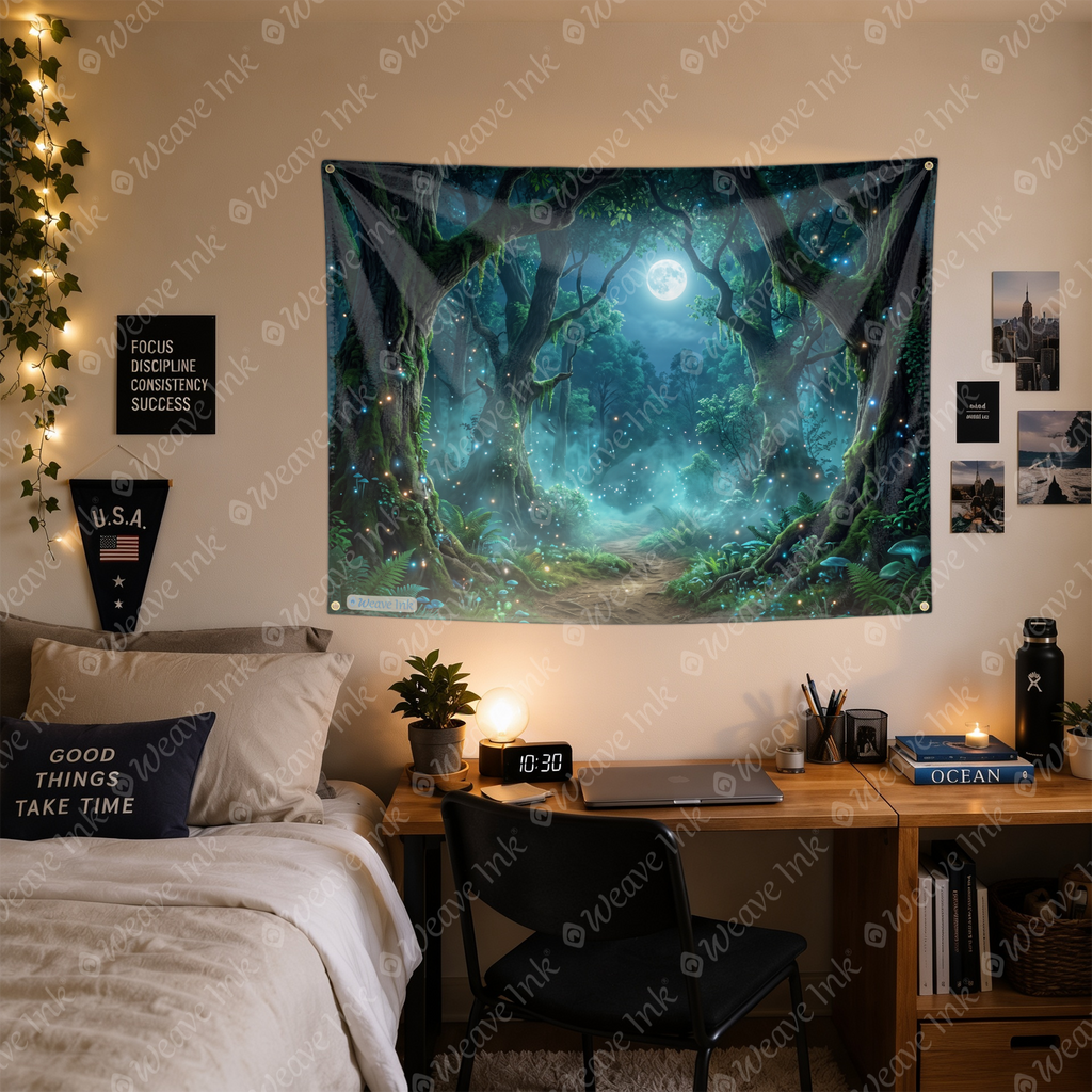 Enchanted Moonlit Forest Tapestry – Mystical Woodland Wall Hanging, Glowing Fireflies & Full Moon Fantasy Nature Decor for Bedroom, Dorm & Living Room
