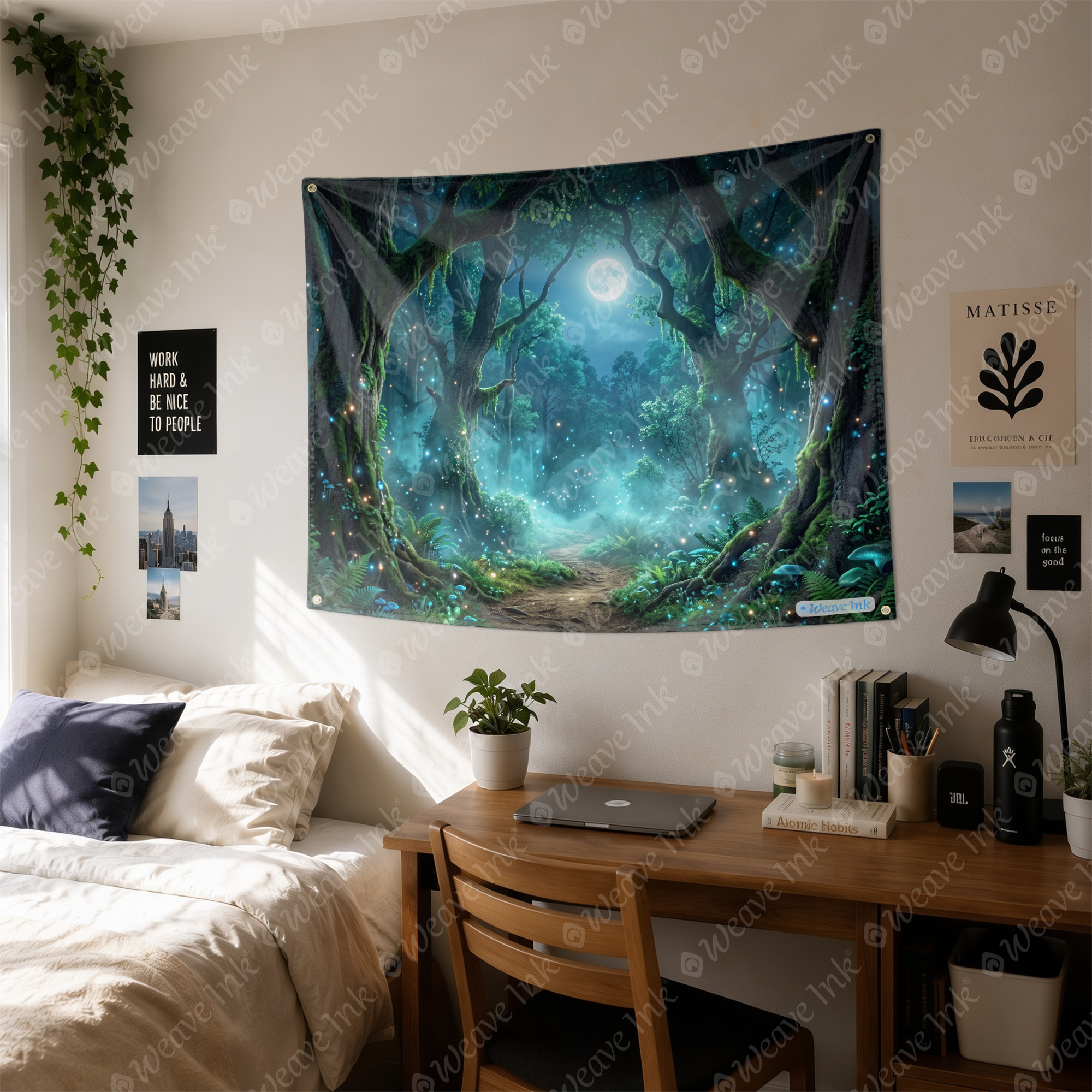 Enchanted Moonlit Forest Tapestry – Mystical Woodland Wall Hanging, Glowing Fireflies & Full Moon Fantasy Nature Decor for Bedroom, Dorm & Living Room