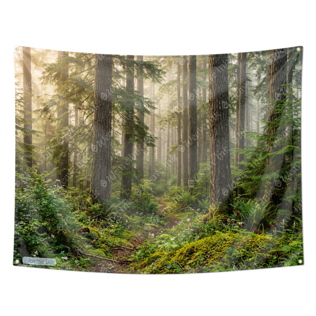 Evergreen Forest Tapestry – Serene Woodland Nature Wall Hanging, Sunlit Pine Trees & Mossy Path Decor for Bedroom, Dorm & Living Room