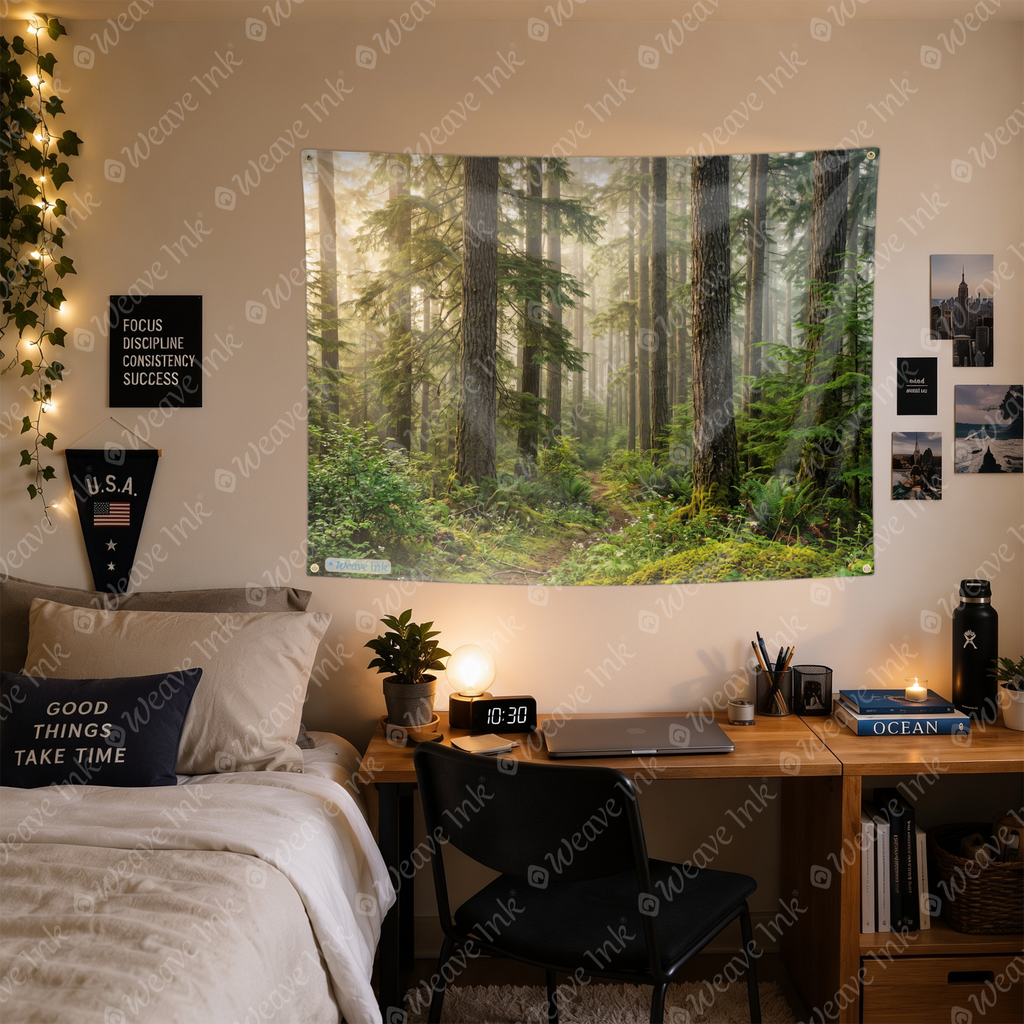 Evergreen Forest Tapestry – Serene Woodland Nature Wall Hanging, Sunlit Pine Trees & Mossy Path Decor for Bedroom, Dorm & Living Room
