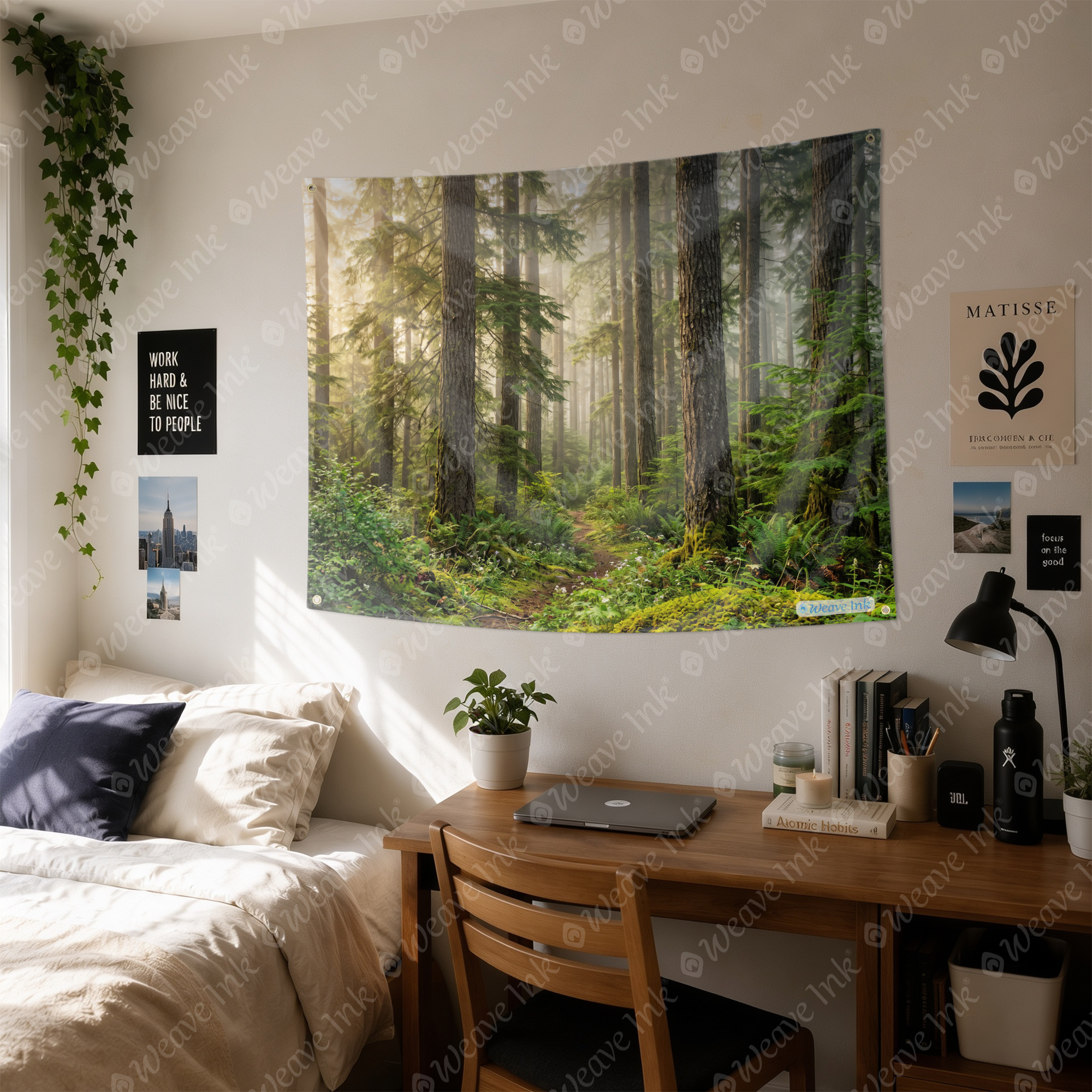 Evergreen Forest Tapestry – Serene Woodland Nature Wall Hanging, Sunlit Pine Trees & Mossy Path Decor for Bedroom, Dorm & Living Room