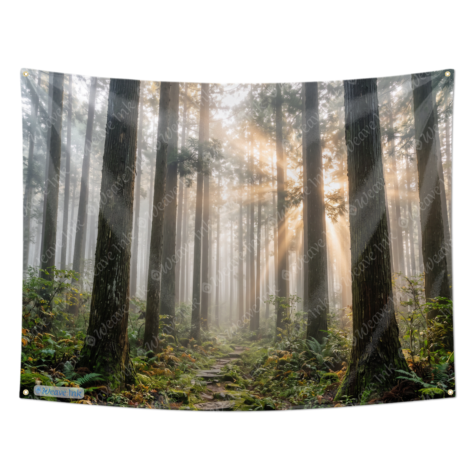 Sunlit Misty Pine Forest Tapestry Wall Hanging, Serene Woodland Nature Landscape, Golden Morning Light Forest Decor for Bedroom, Dorm, Living Room & Meditation Space