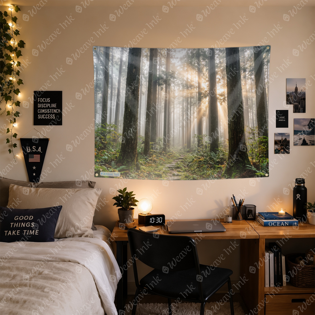 Sunlit Misty Pine Forest Tapestry Wall Hanging, Serene Woodland Nature Landscape, Golden Morning Light Forest Decor for Bedroom, Dorm, Living Room & Meditation Space