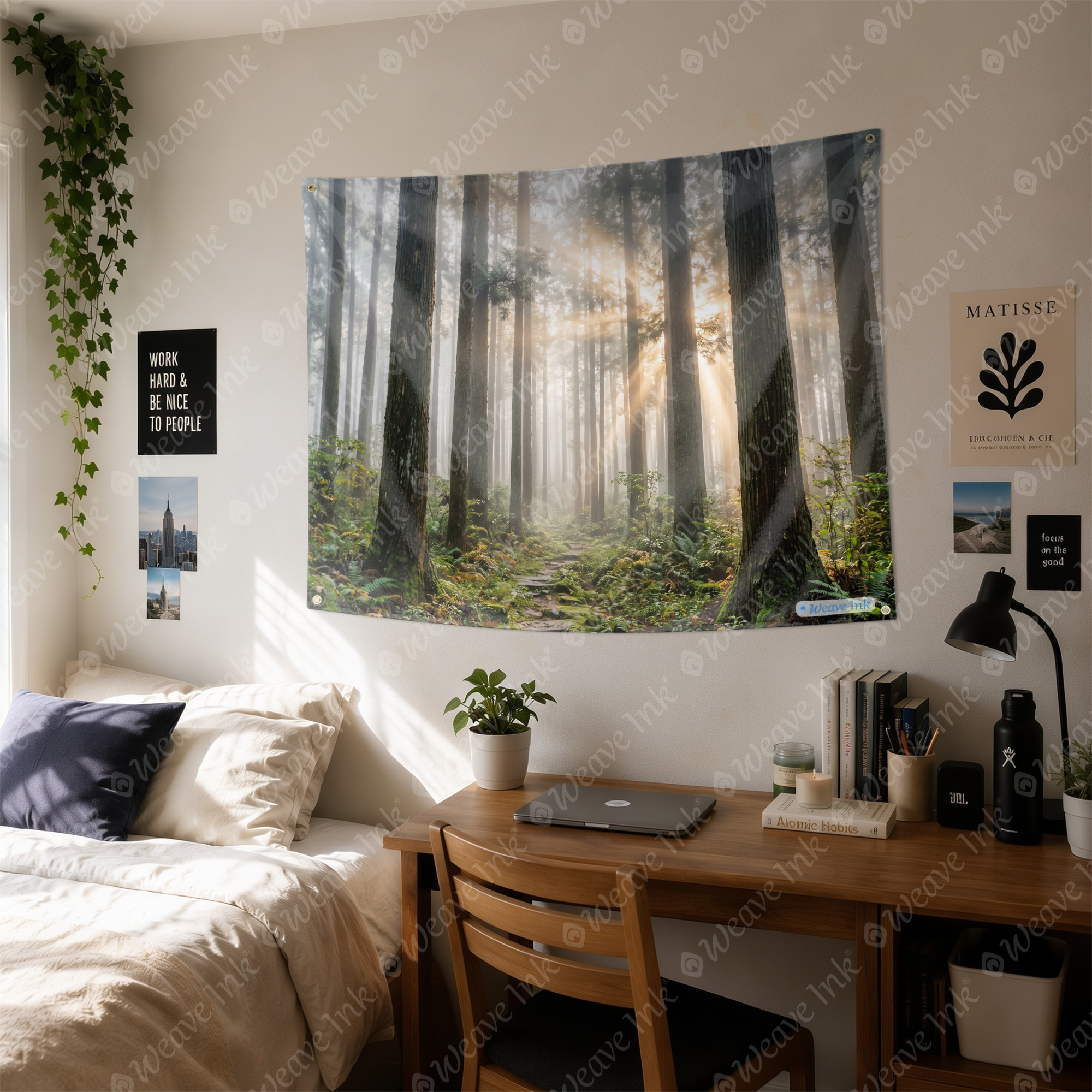 Sunlit Misty Pine Forest Tapestry Wall Hanging, Serene Woodland Nature Landscape, Golden Morning Light Forest Decor for Bedroom, Dorm, Living Room & Meditation Space