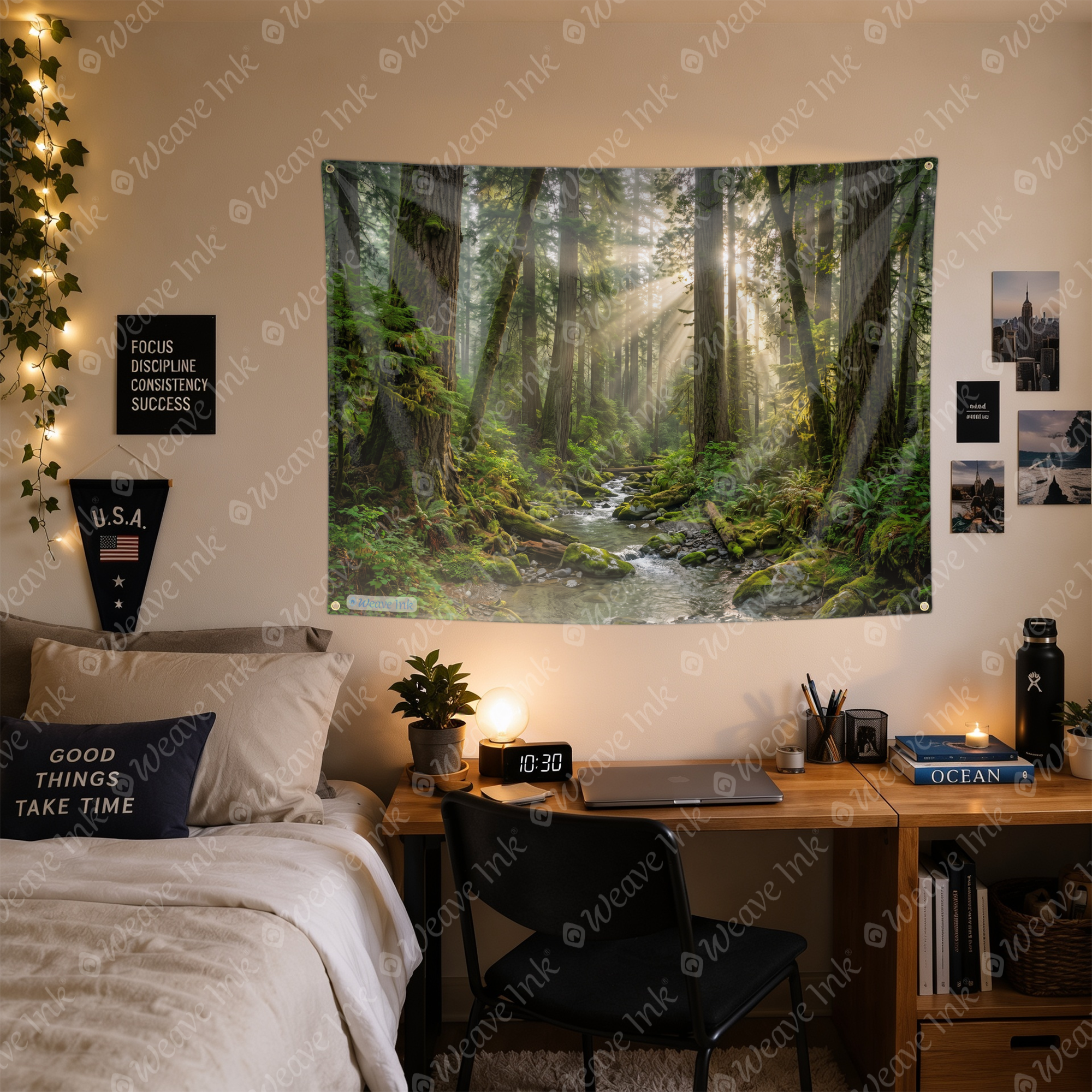 Sunlit Forest Creek Tapestry Wall Hanging – Serene Woodland Stream Nature Landscape Decor for Bedroom, Dorm Room, Living Room, Cottagecore & Boho Home