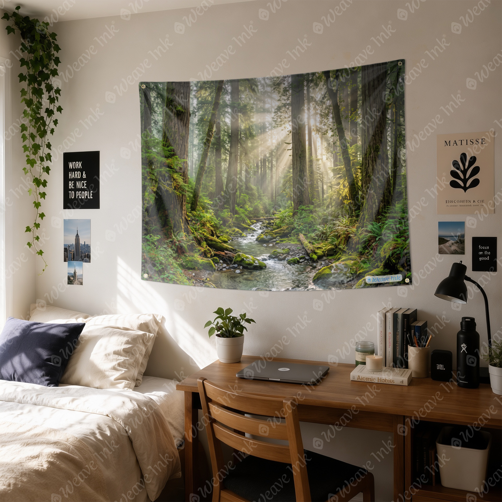 Sunlit Forest Creek Tapestry Wall Hanging – Serene Woodland Stream Nature Landscape Decor for Bedroom, Dorm Room, Living Room, Cottagecore & Boho Home