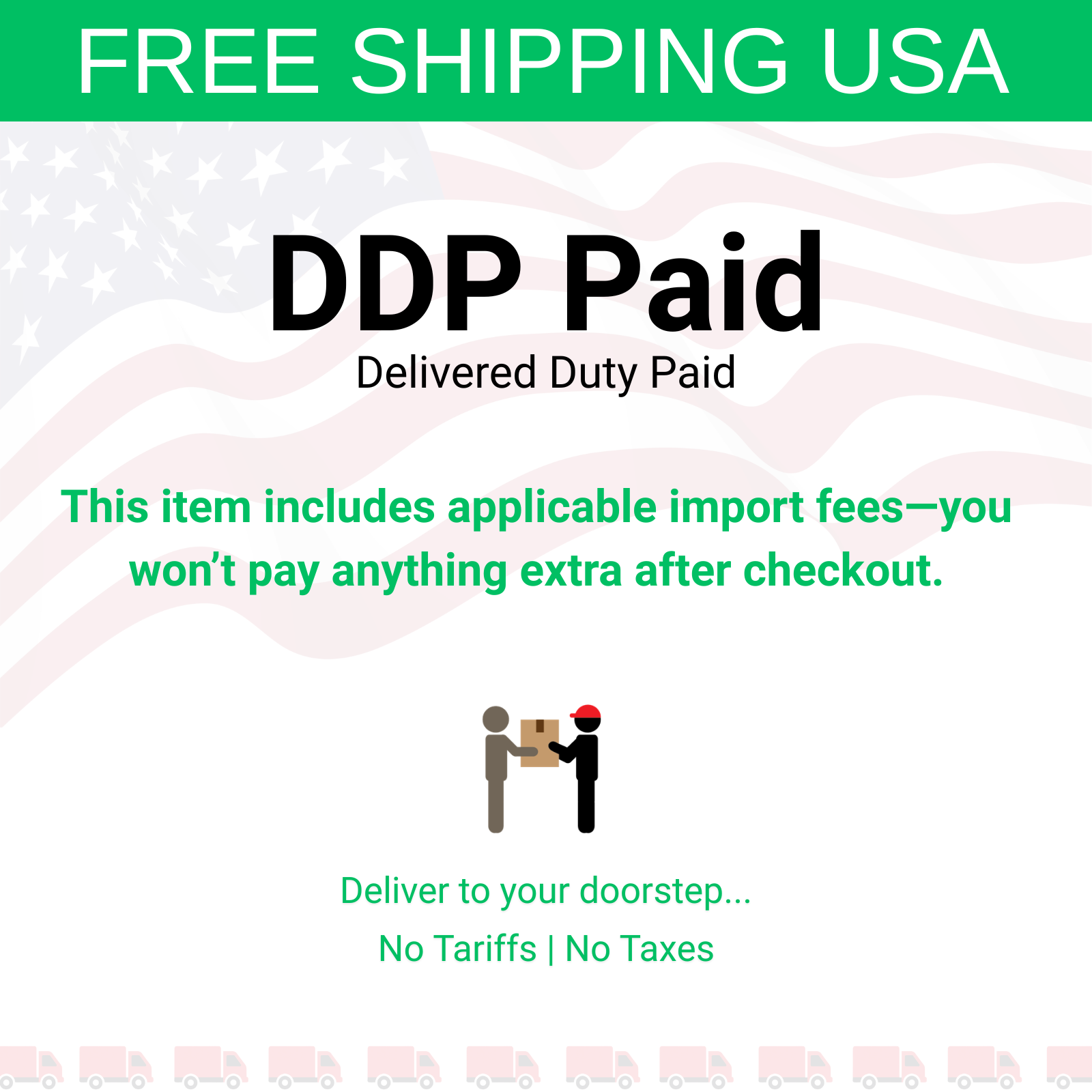 Advertisement for DDP (Delivered Duty Paid) shipping with text and graphics on a white background.