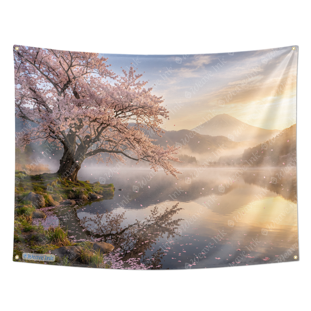 Japanese Cherry Blossom Sunrise Tapestry Wall Hanging – Sakura Lake Landscape Wall Decor for Bedroom, Living Room & Dorm Room