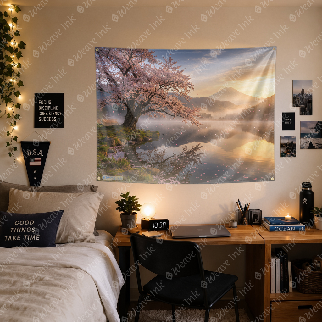 Japanese Cherry Blossom Sunrise Tapestry Wall Hanging – Sakura Lake Landscape Wall Decor for Bedroom, Living Room & Dorm Room