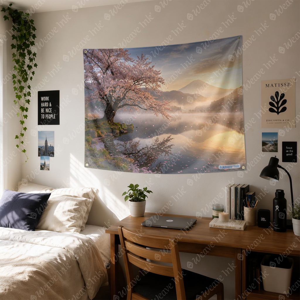Japanese Cherry Blossom Sunrise Tapestry Wall Hanging – Sakura Lake Landscape Wall Decor for Bedroom, Living Room & Dorm Room