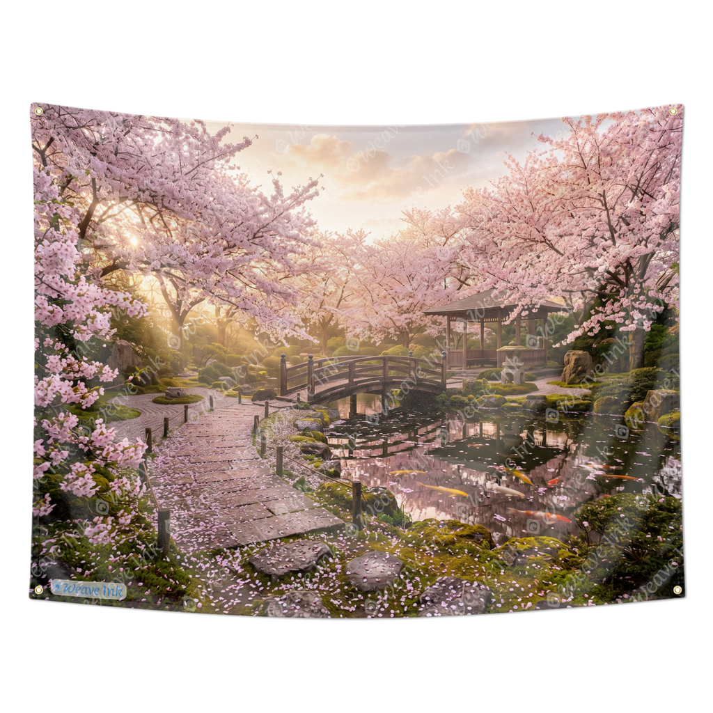 Japanese Zen Garden Sakura Tapestry Wall Hanging – Cherry Blossom Wall Decor for Bedroom, Living Room & Dorm Room