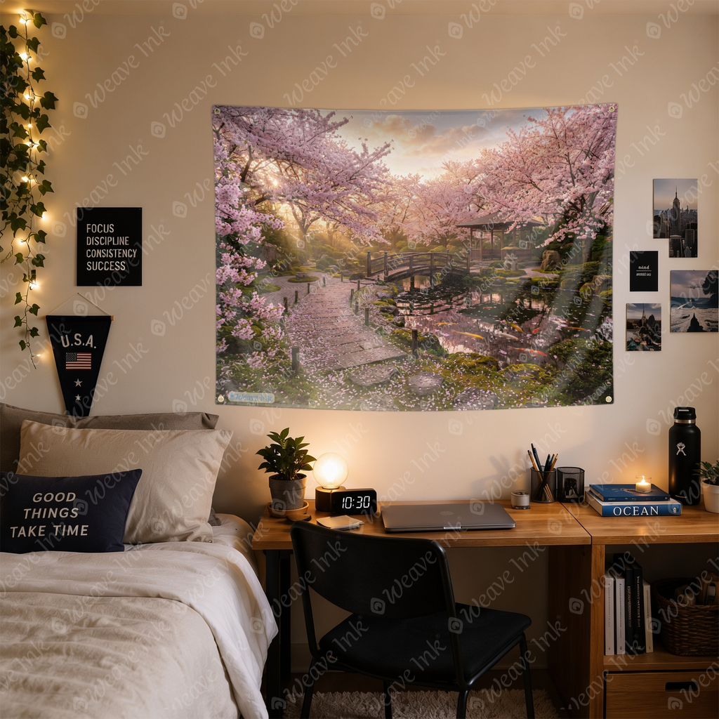 Japanese Zen Garden Sakura Tapestry Wall Hanging – Cherry Blossom Wall Decor for Bedroom, Living Room & Dorm Room