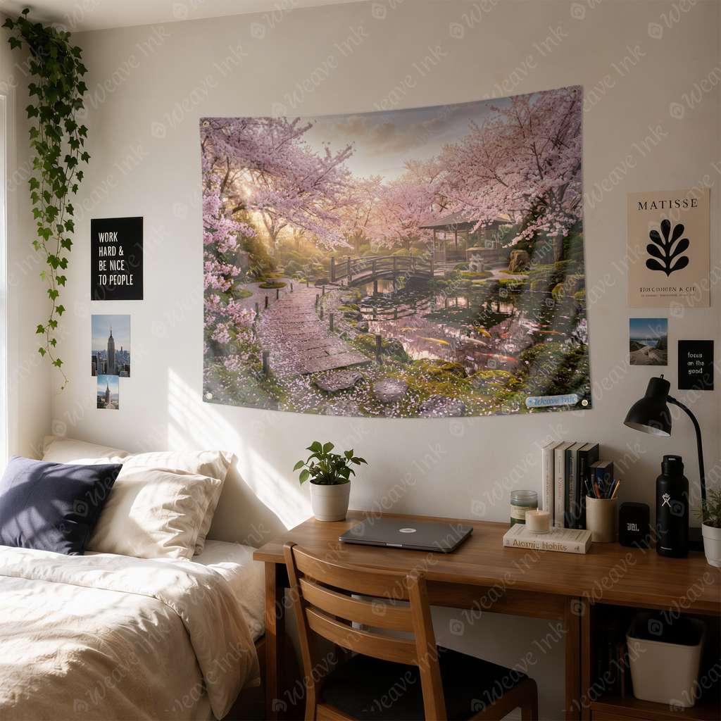 Japanese Zen Garden Sakura Tapestry Wall Hanging – Cherry Blossom Wall Decor for Bedroom, Living Room & Dorm Room