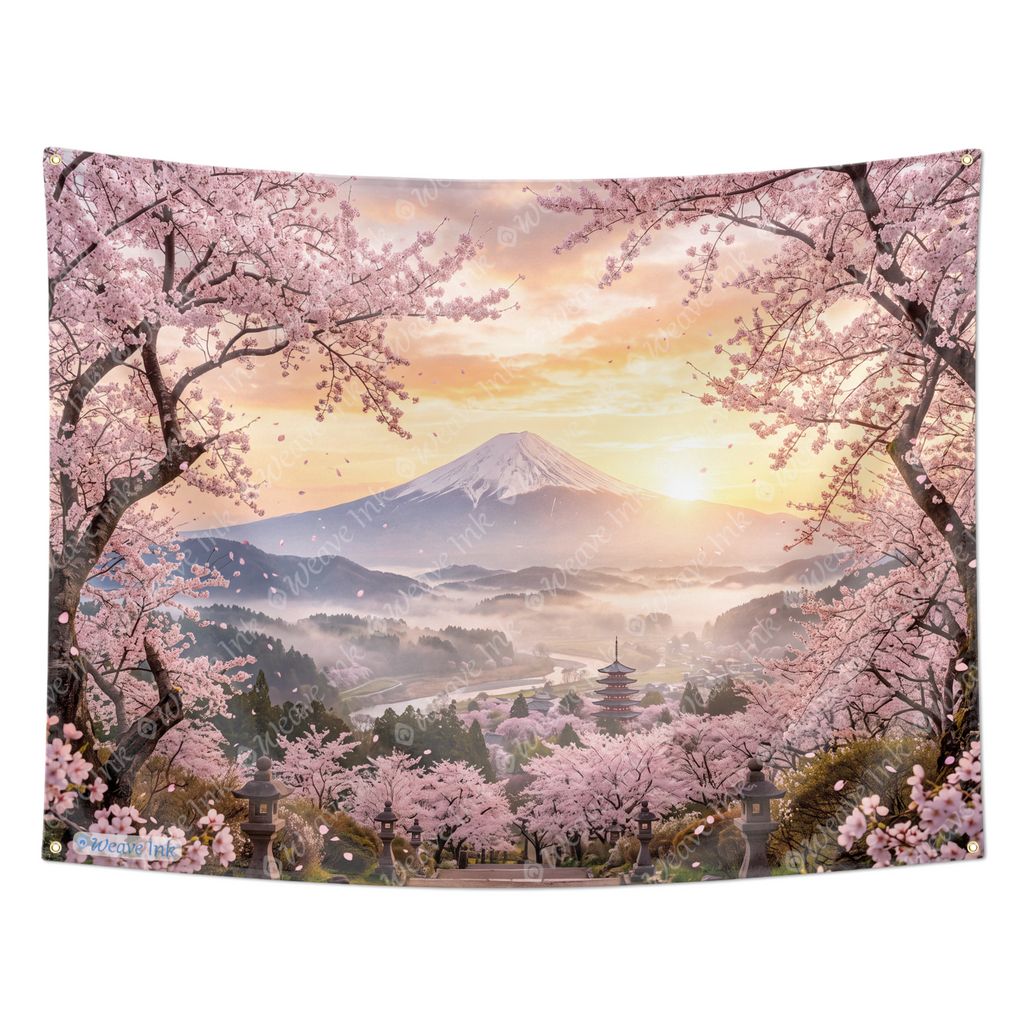 Japanese Cherry Blossom Mountain Sunrise Tapestry Wall Hanging – Sakura Landscape Wall Decor for Bedroom, Living Room & Dorm Room