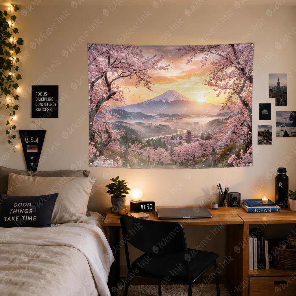 Japanese Cherry Blossom Mountain Sunrise Tapestry Wall Hanging – Sakura Landscape Wall Decor for Bedroom, Living Room & Dorm Room