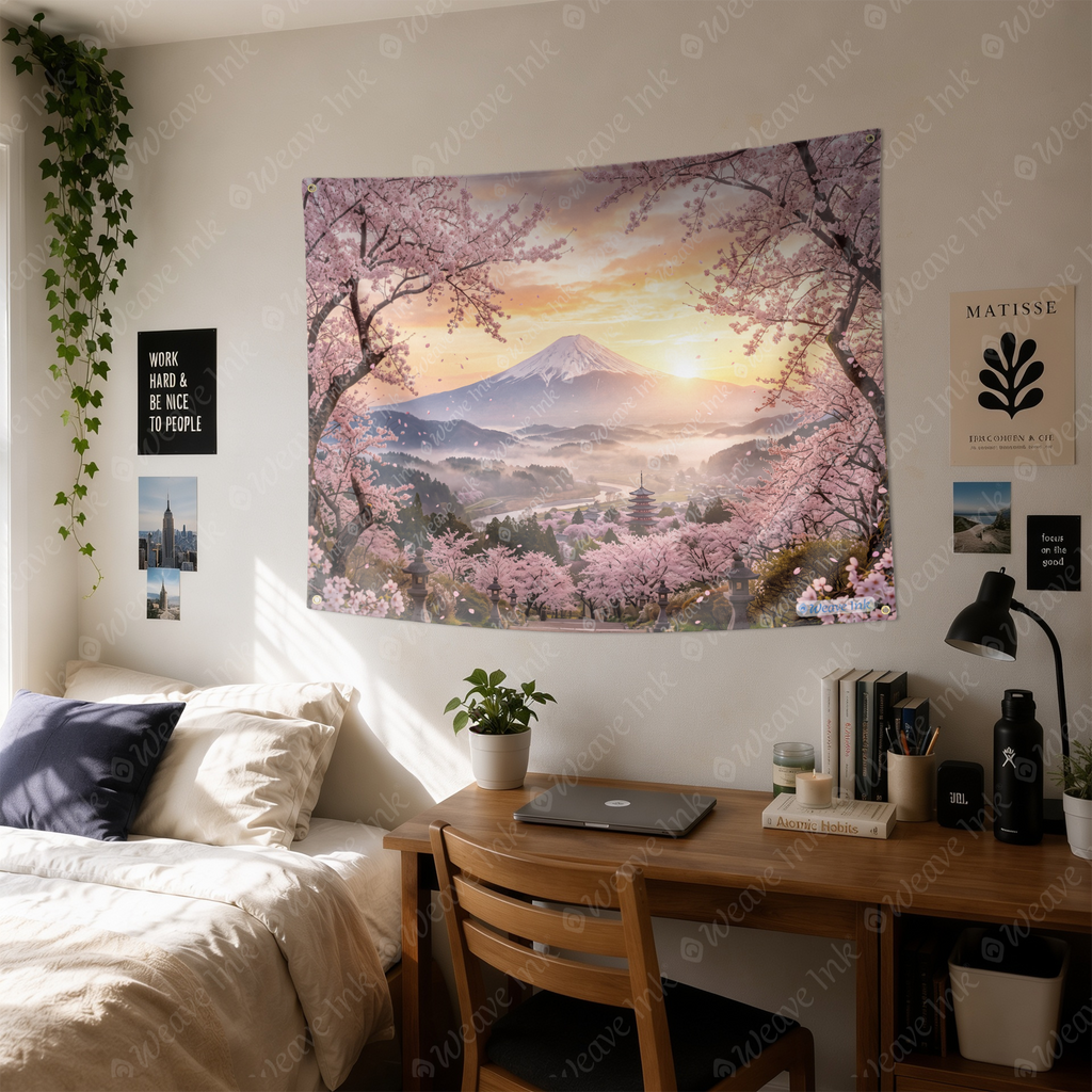 Japanese Cherry Blossom Mountain Sunrise Tapestry Wall Hanging – Sakura Landscape Wall Decor for Bedroom, Living Room & Dorm Room