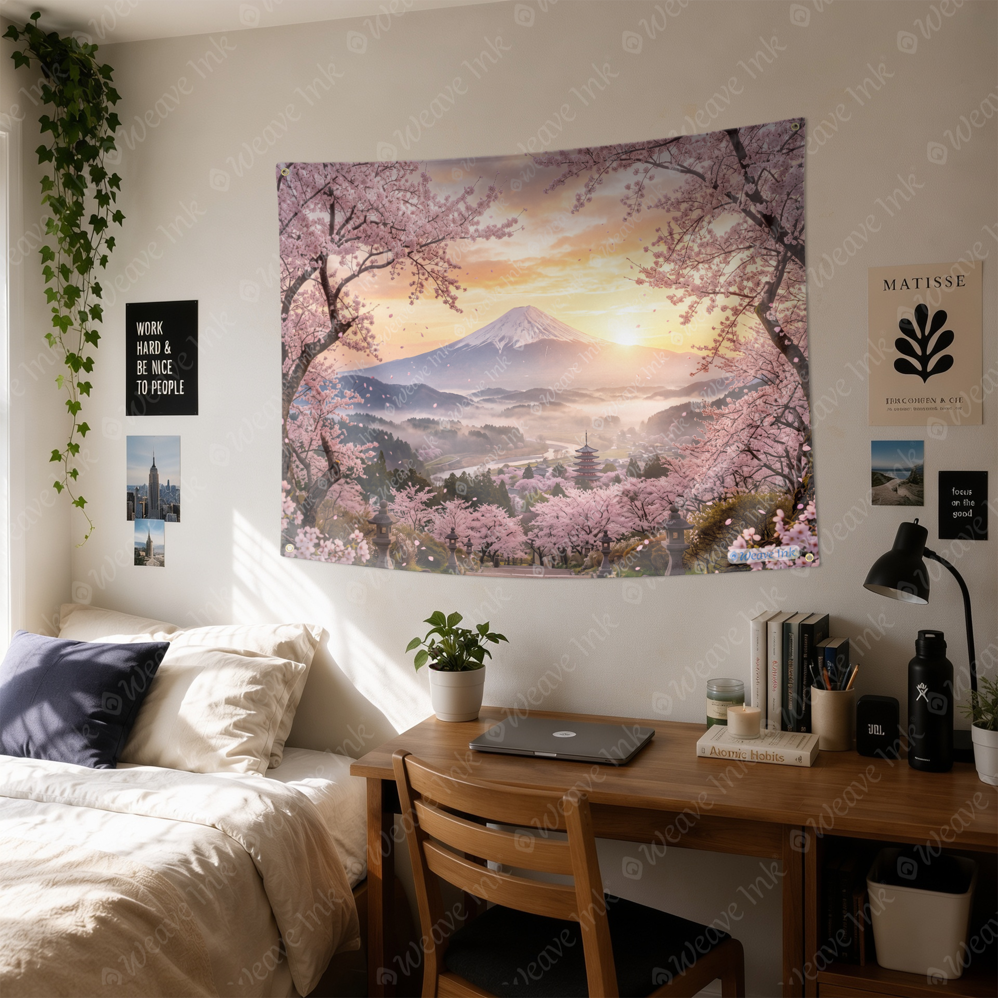 Japanese Cherry Blossom Mountain Sunrise Tapestry Wall Hanging – Sakura Landscape Wall Decor for Bedroom, Living Room & Dorm Room