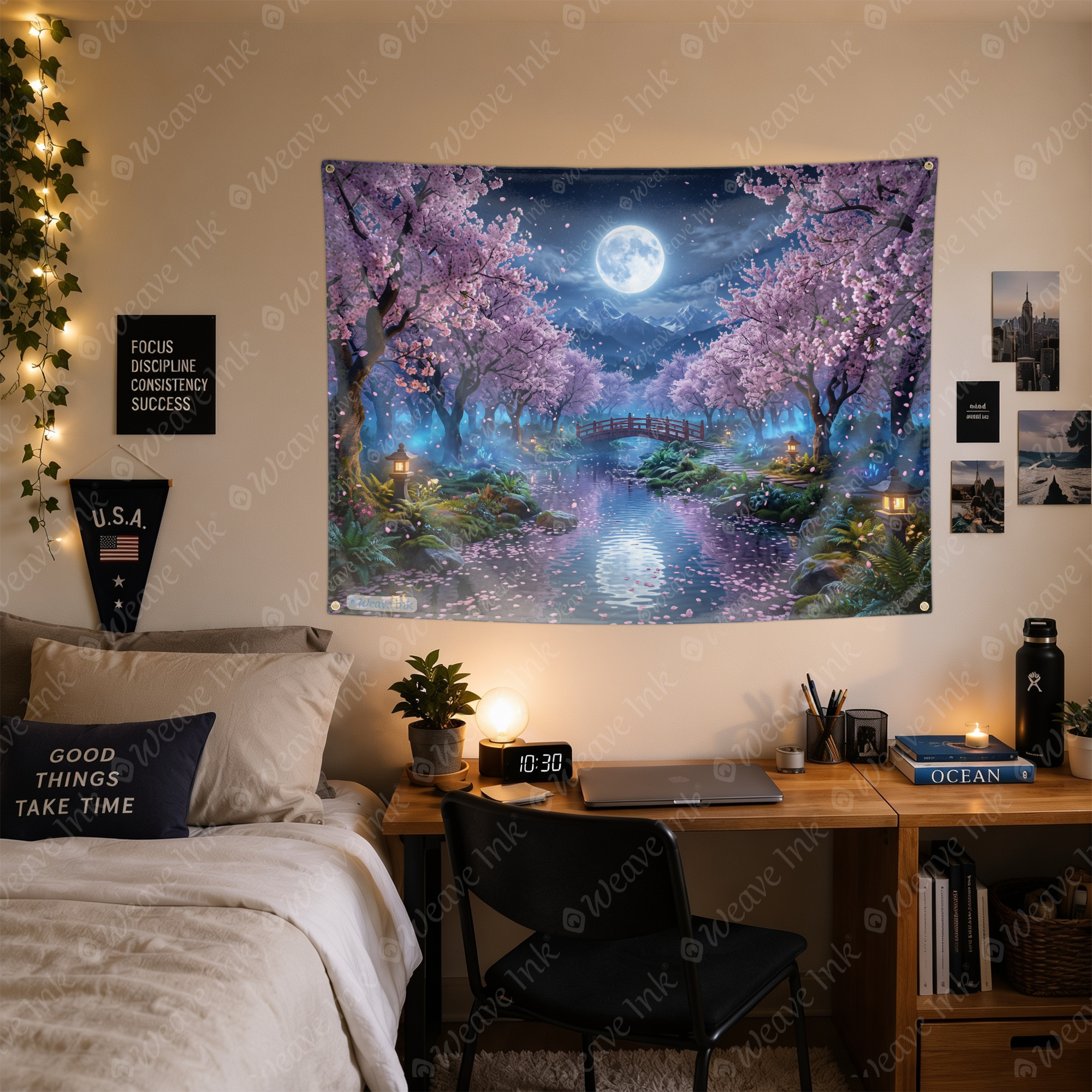 Moonlit Japanese Sakura Forest Tapestry Wall Hanging – Cherry Blossom Moonlight Wall Decor for Bedroom, Living Room & Dorm Room