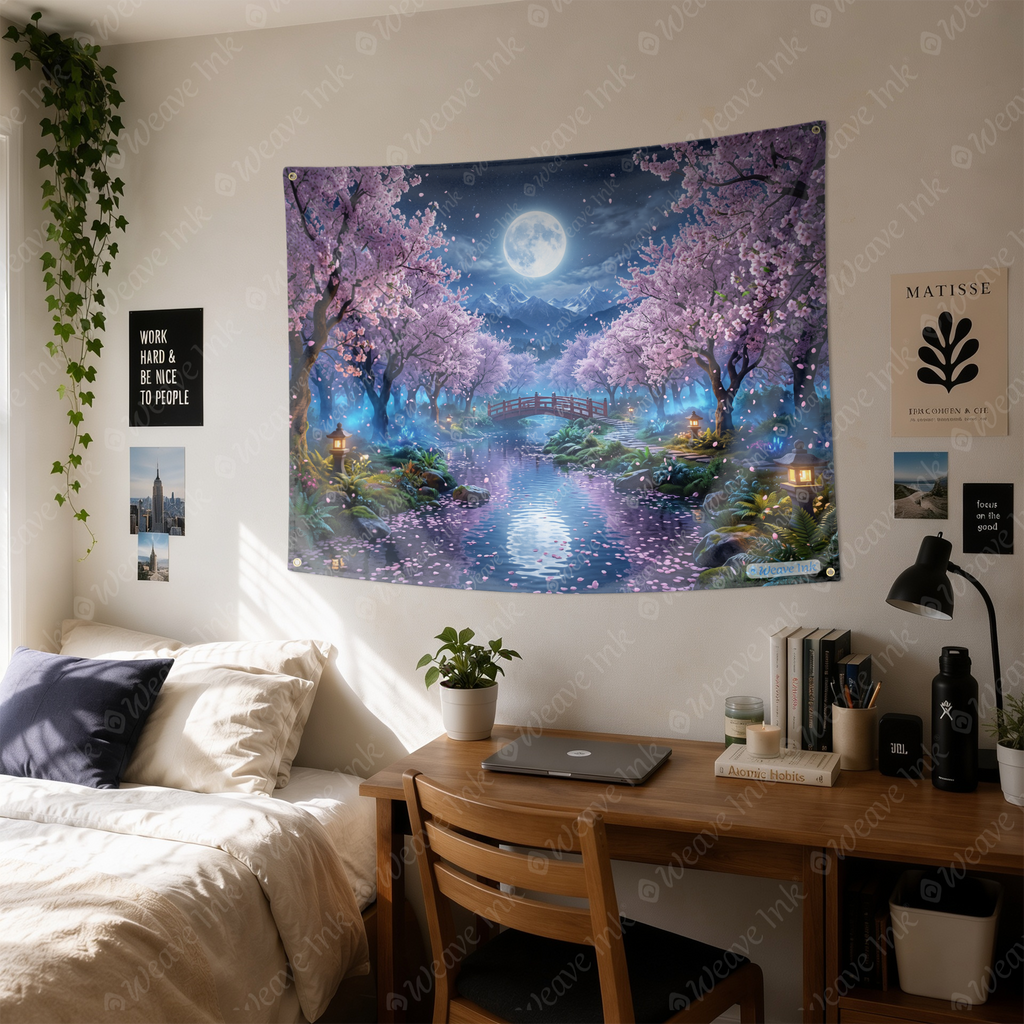 Moonlit Japanese Sakura Forest Tapestry Wall Hanging – Cherry Blossom Moonlight Wall Decor for Bedroom, Living Room & Dorm Room