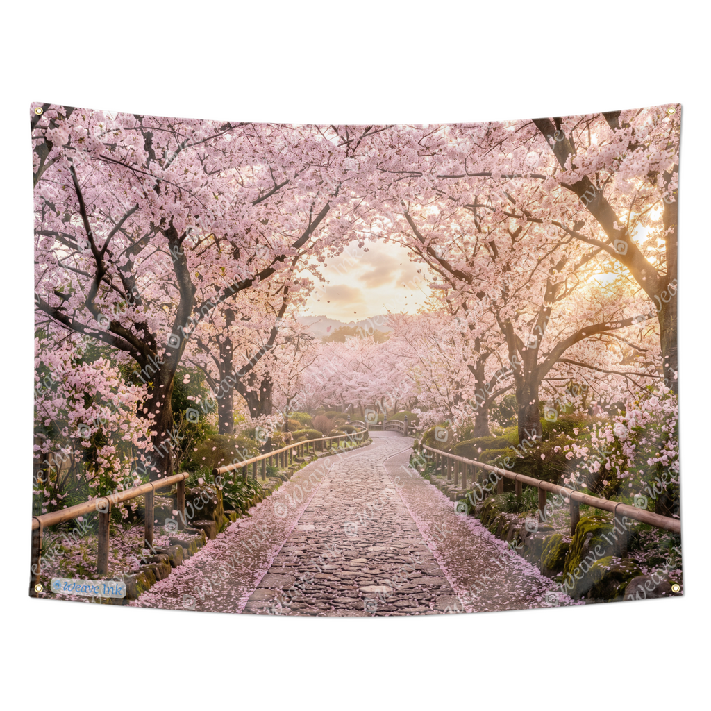 Japanese Sakura Blossom Pathway Tapestry Wall Hanging – Cherry Blossom Wall Decor for Bedroom, Living Room & Dorm Room