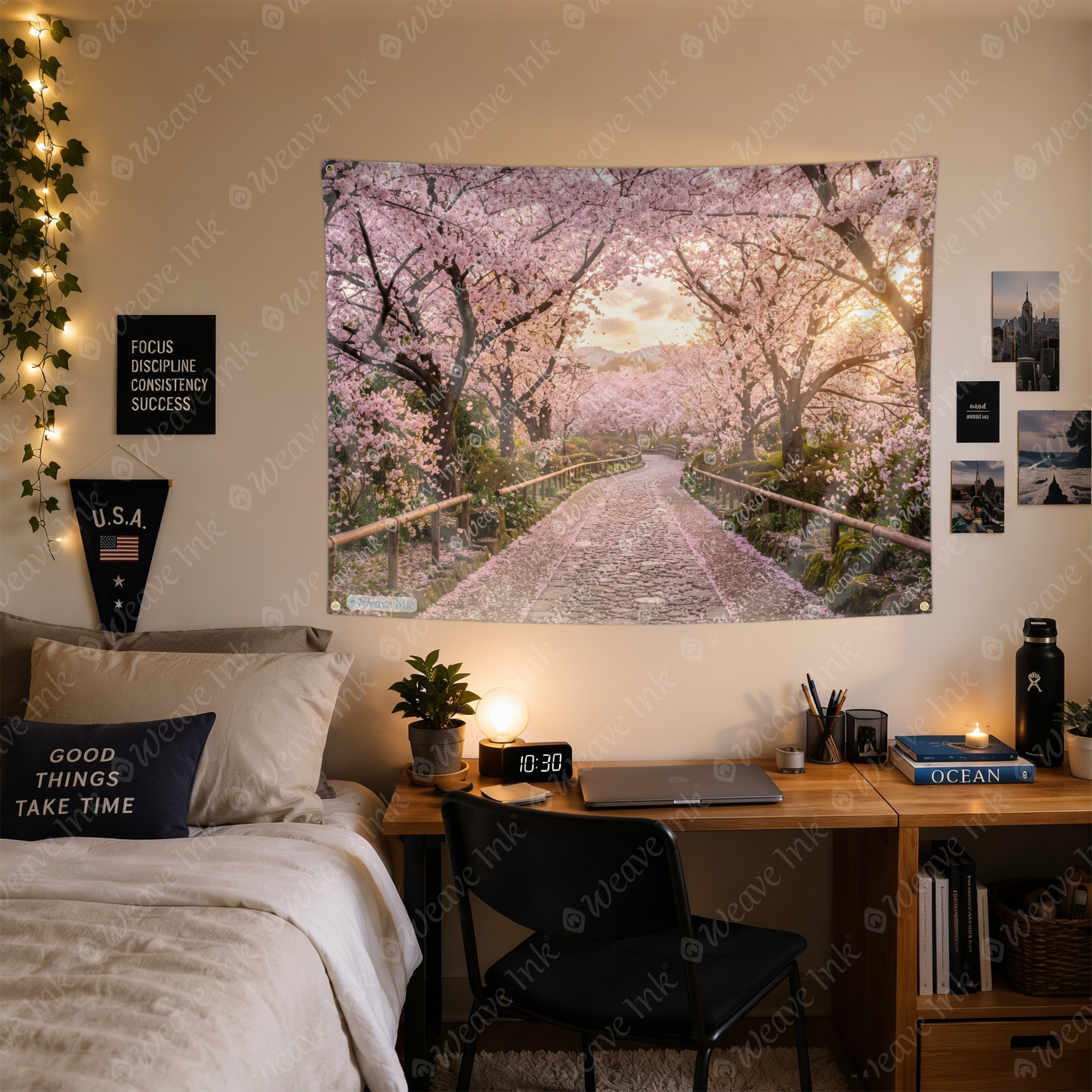 Japanese Sakura Blossom Pathway Tapestry Wall Hanging – Cherry Blossom Wall Decor for Bedroom, Living Room & Dorm Room