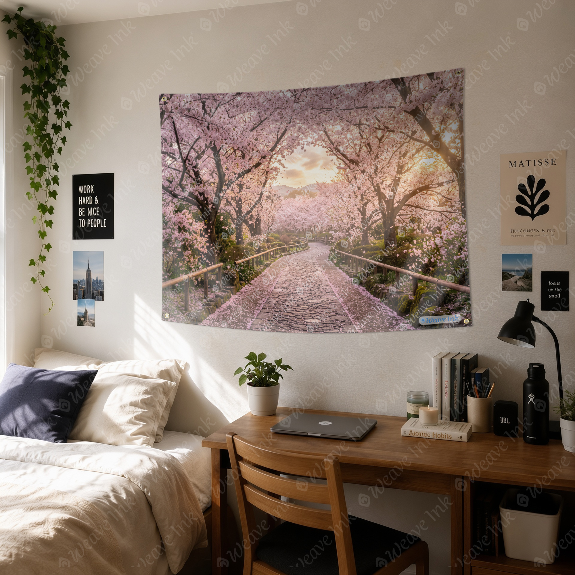 Japanese Sakura Blossom Pathway Tapestry Wall Hanging – Cherry Blossom Wall Decor for Bedroom, Living Room & Dorm Room
