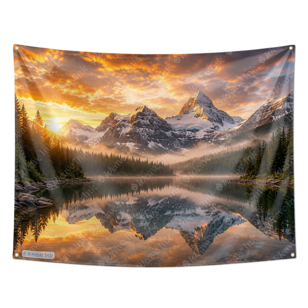 Realistic Mountain Landscape at Golden Sunrise Tapestry Nature Forest Tree Wall Hanging River Lake Landscape for Bedroom Living Room Home Decor