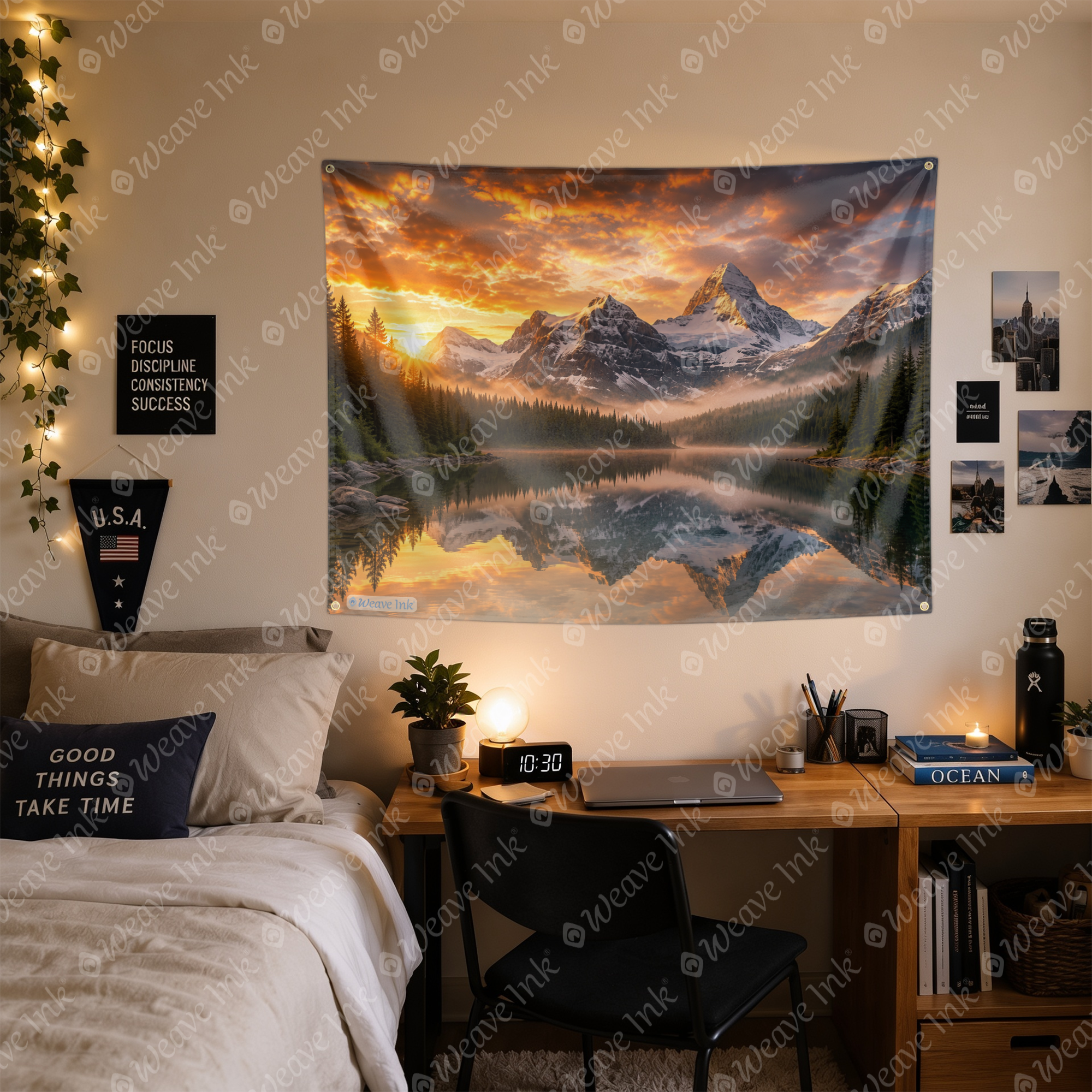 Realistic Mountain Landscape at Golden Sunrise Tapestry Nature Forest Tree Wall Hanging River Lake Landscape for Bedroom Living Room Home Decor