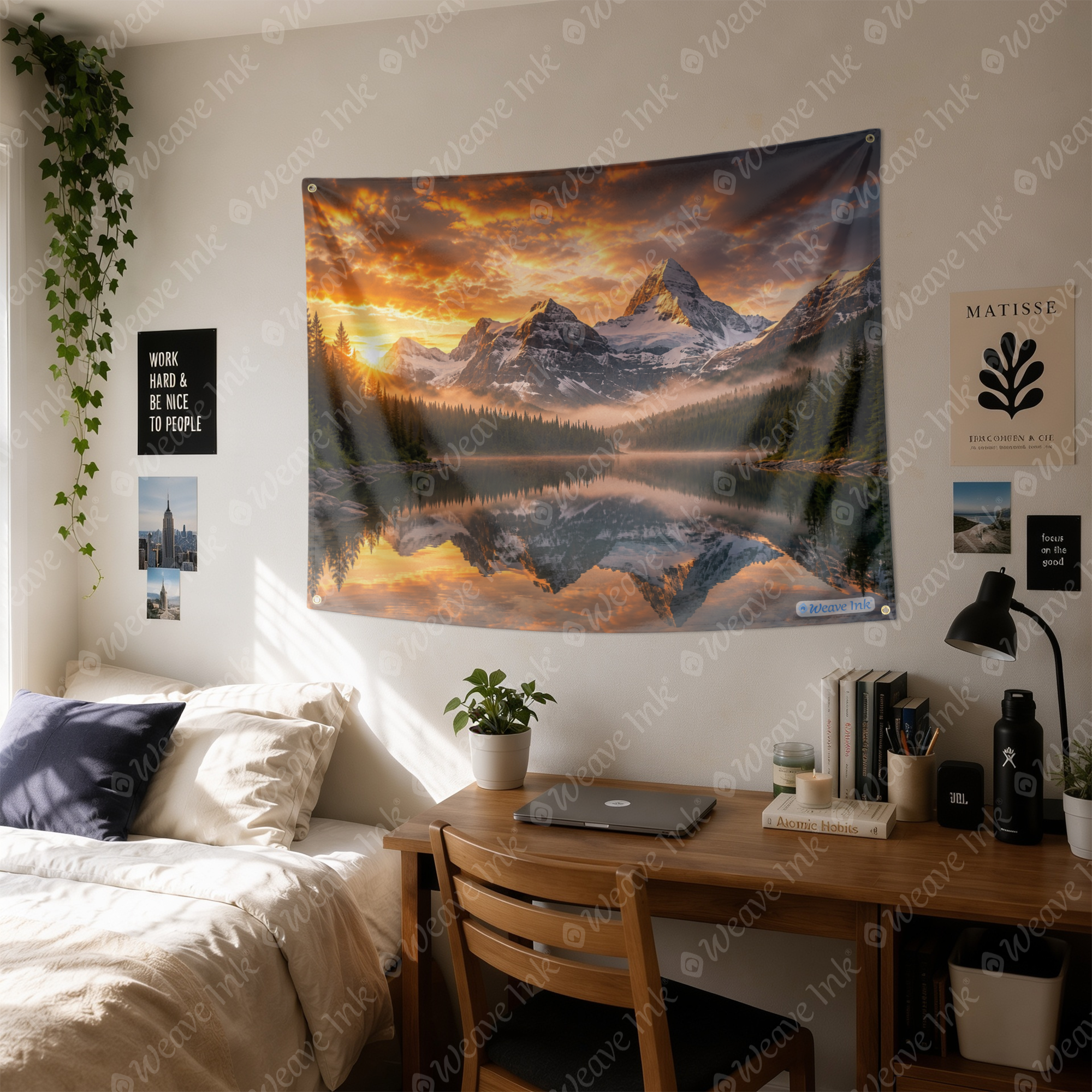 Realistic Mountain Landscape at Golden Sunrise Tapestry Nature Forest Tree Wall Hanging River Lake Landscape for Bedroom Living Room Home Decor