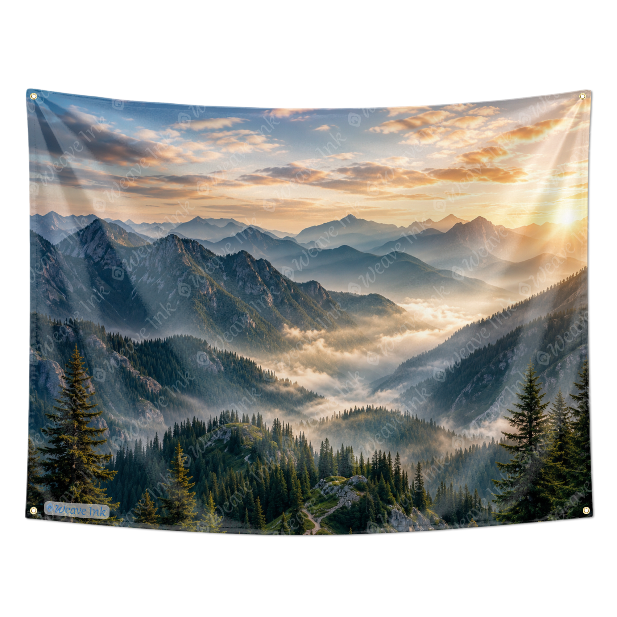 Dreamy Blue Mountains Realistic Landscape Sunrise Tapestry Nature Forest Tree Foggy Scenery Wall Hanging for Bedroom Living Room Home Dorm Decor
