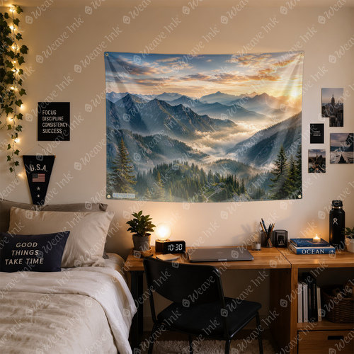 Dreamy Blue Mountains Realistic Landscape Sunrise Tapestry Nature Forest Tree Foggy Scenery Wall Hanging for Bedroom Living Room Home Dorm Decor