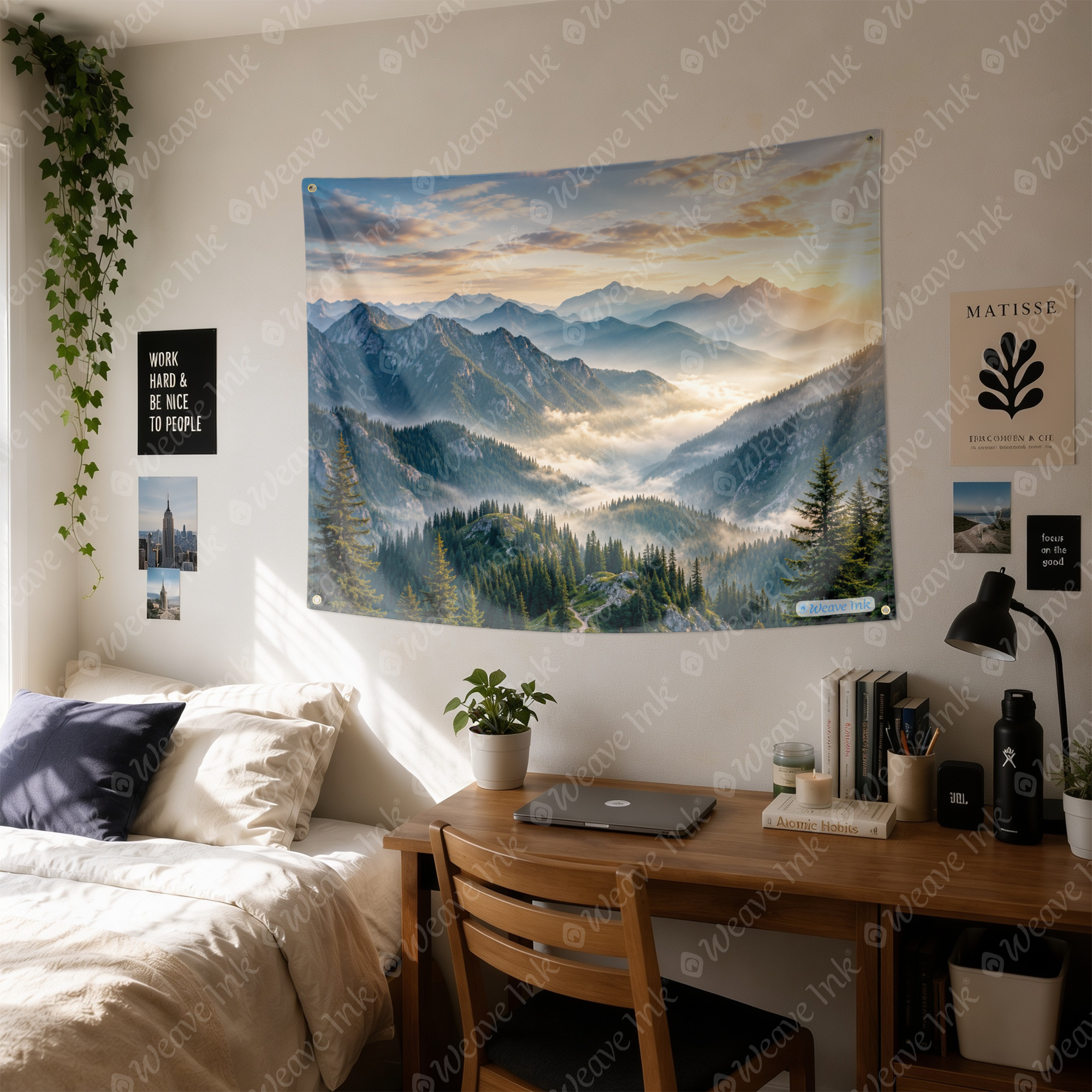 Dreamy Blue Mountains Realistic Landscape Sunrise Tapestry Nature Forest Tree Foggy Scenery Wall Hanging for Bedroom Living Room Home Dorm Decor