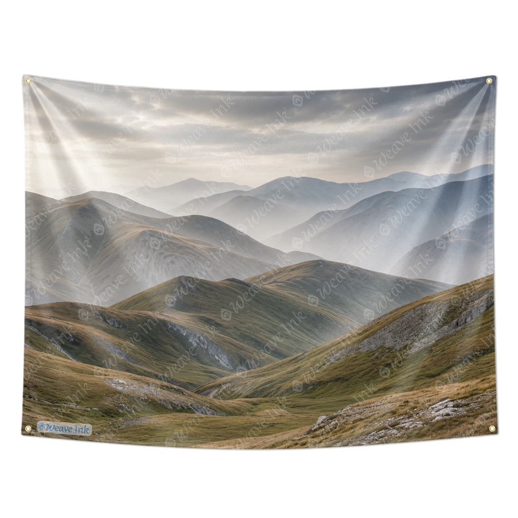 Misty Rolling Hills Mountain Landscape Tapestry – Minimalist Nature Wall Hanging, Serene Valley Scenery Decor for Bedroom, Living Room & Dorm