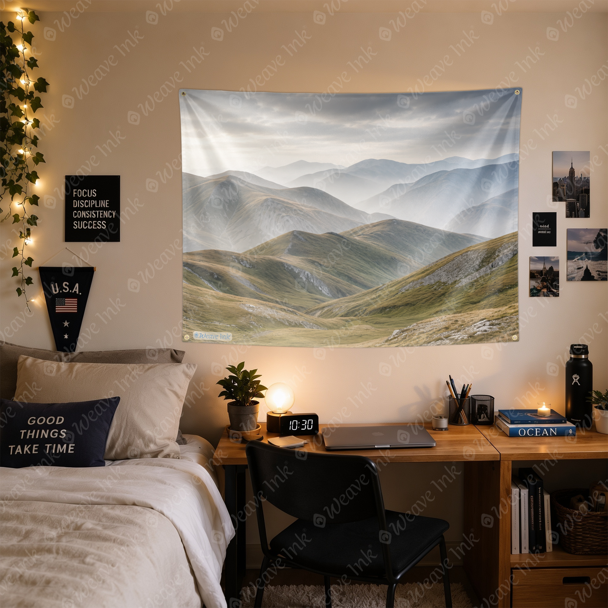 Misty Rolling Hills Mountain Landscape Tapestry – Minimalist Nature Wall Hanging, Serene Valley Scenery Decor for Bedroom, Living Room & Dorm