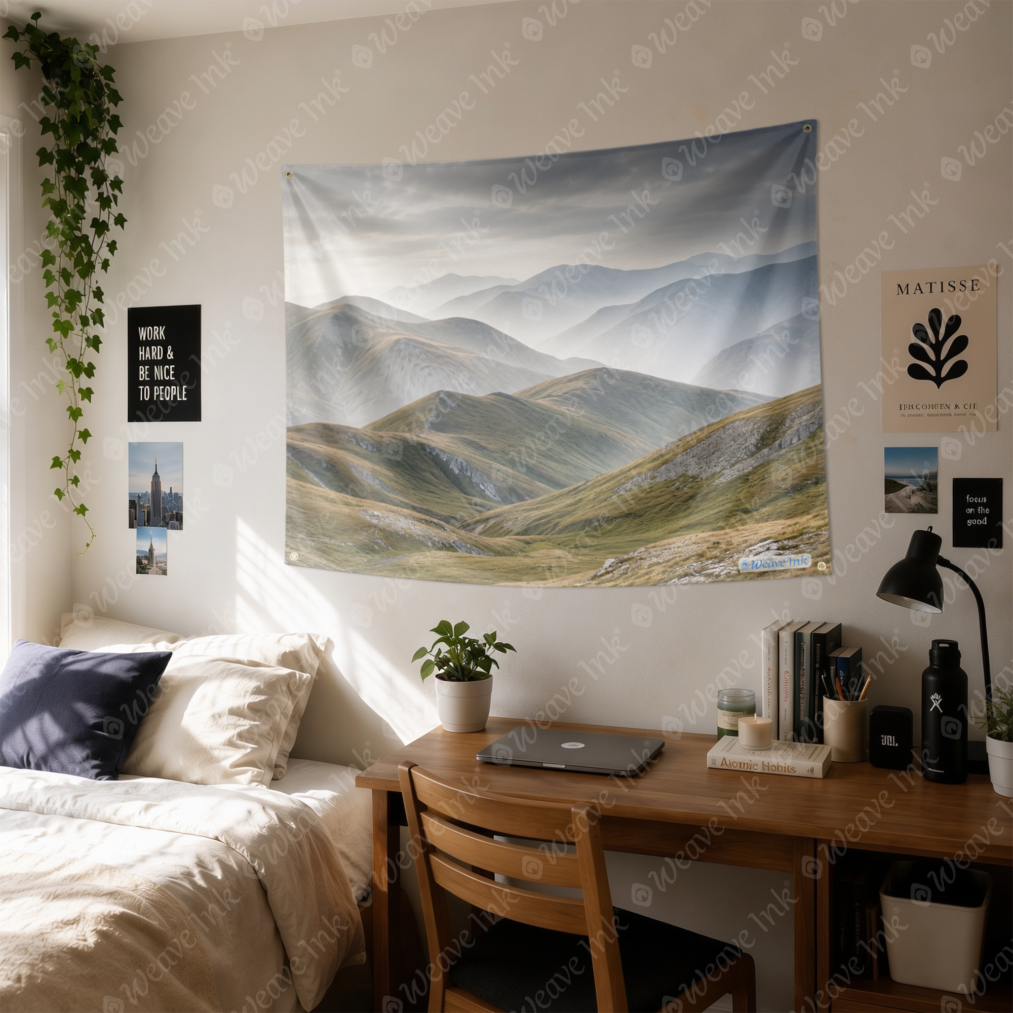 Misty Rolling Hills Mountain Landscape Tapestry – Minimalist Nature Wall Hanging, Serene Valley Scenery Decor for Bedroom, Living Room & Dorm