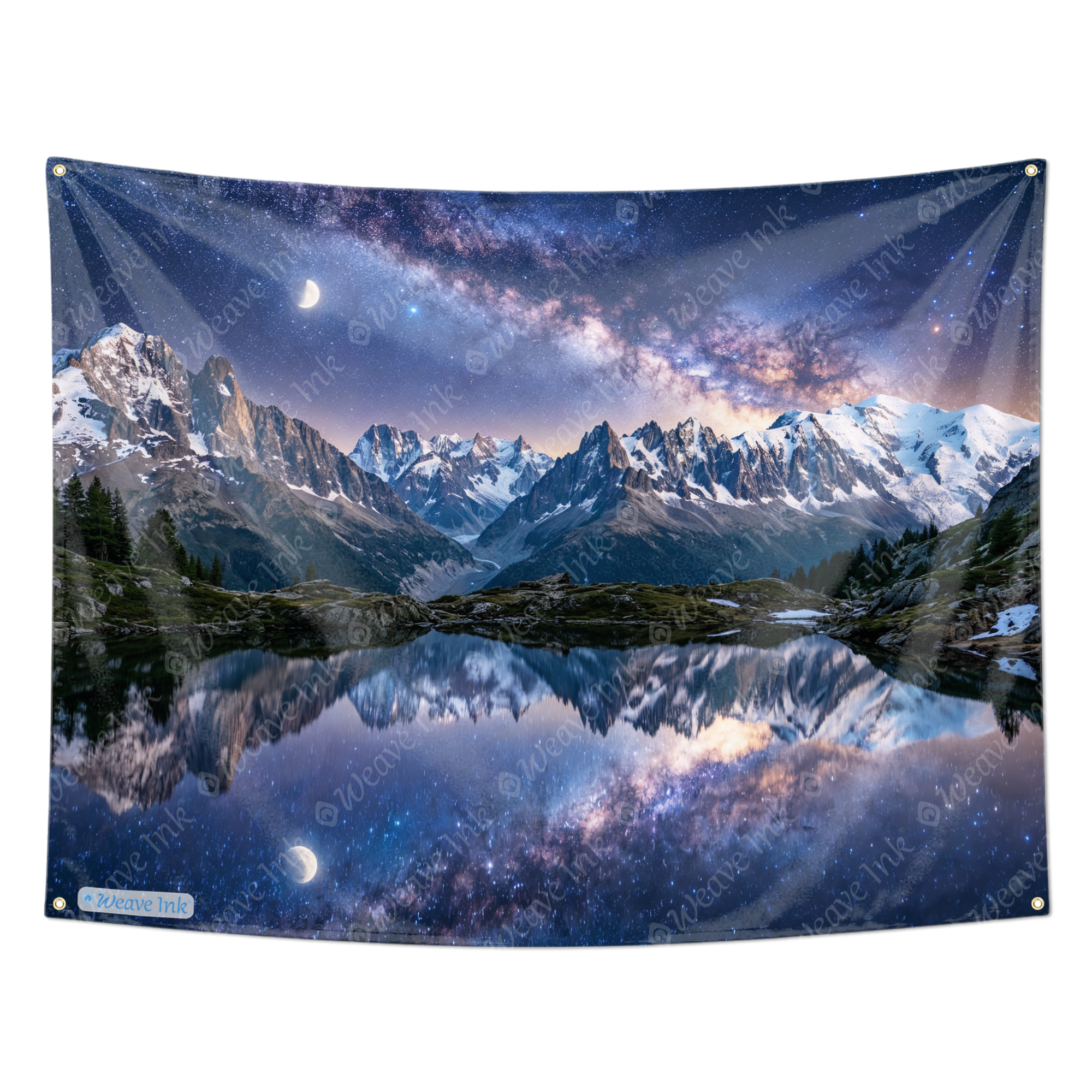 Milky Way Galaxy Mountain Lake Tapestry – Starry Night Sky Wall Hanging, Celestial Snow Peaks & Moon Reflection Nature Decor for Bedroom, Dorm & Living Room