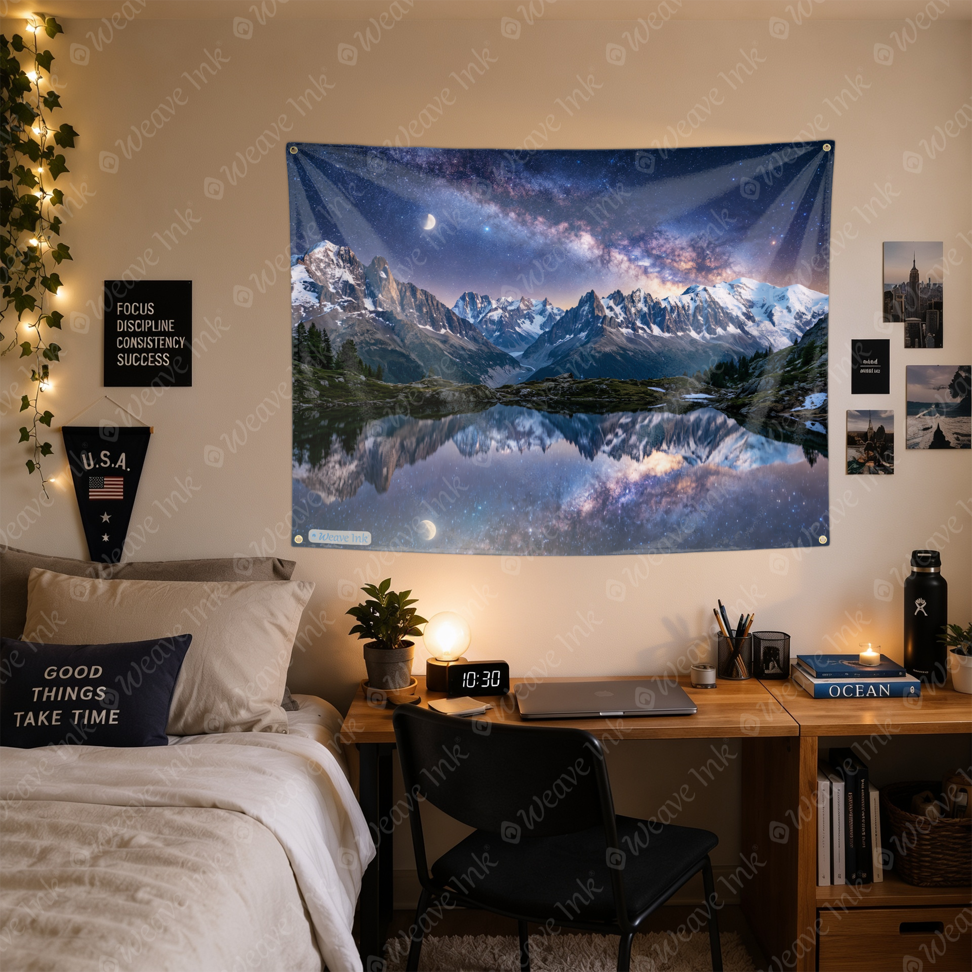 Milky Way Galaxy Mountain Lake Tapestry – Starry Night Sky Wall Hanging, Celestial Snow Peaks & Moon Reflection Nature Decor for Bedroom, Dorm & Living Room
