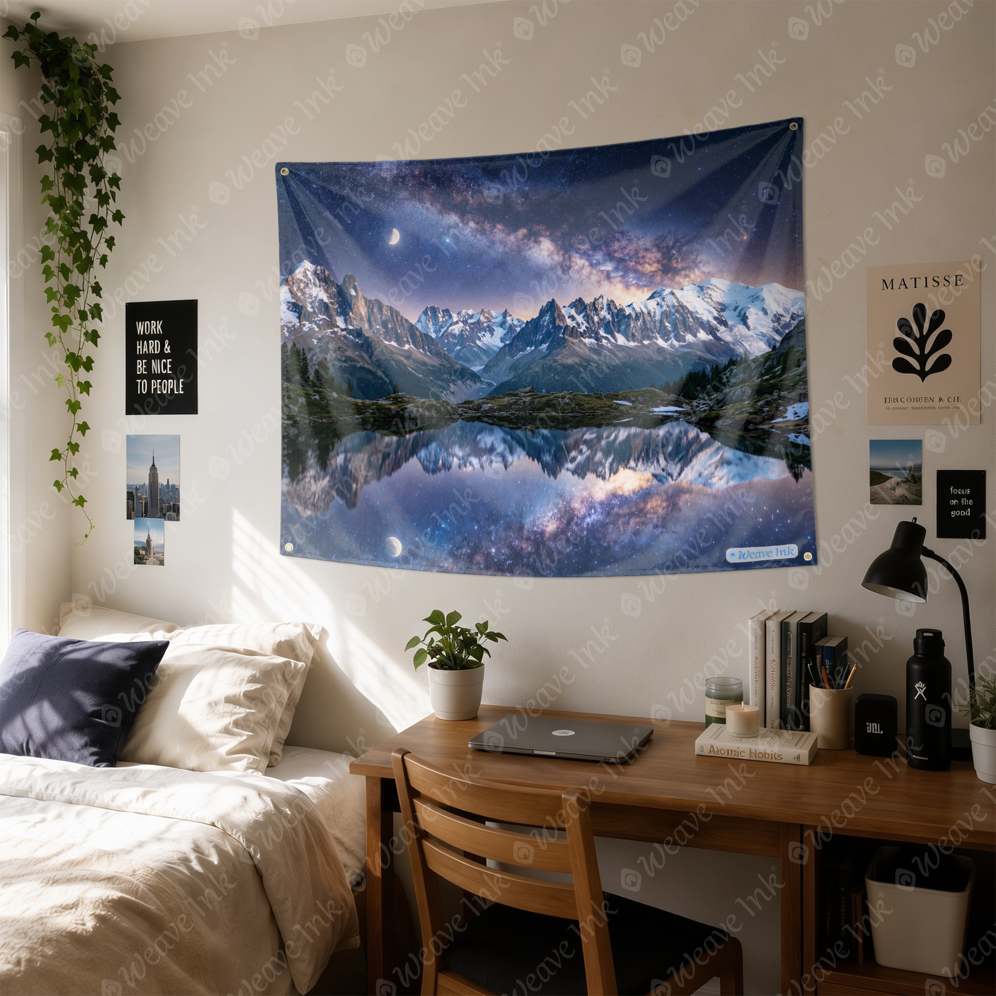 Milky Way Galaxy Mountain Lake Tapestry – Starry Night Sky Wall Hanging, Celestial Snow Peaks & Moon Reflection Nature Decor for Bedroom, Dorm & Living Room