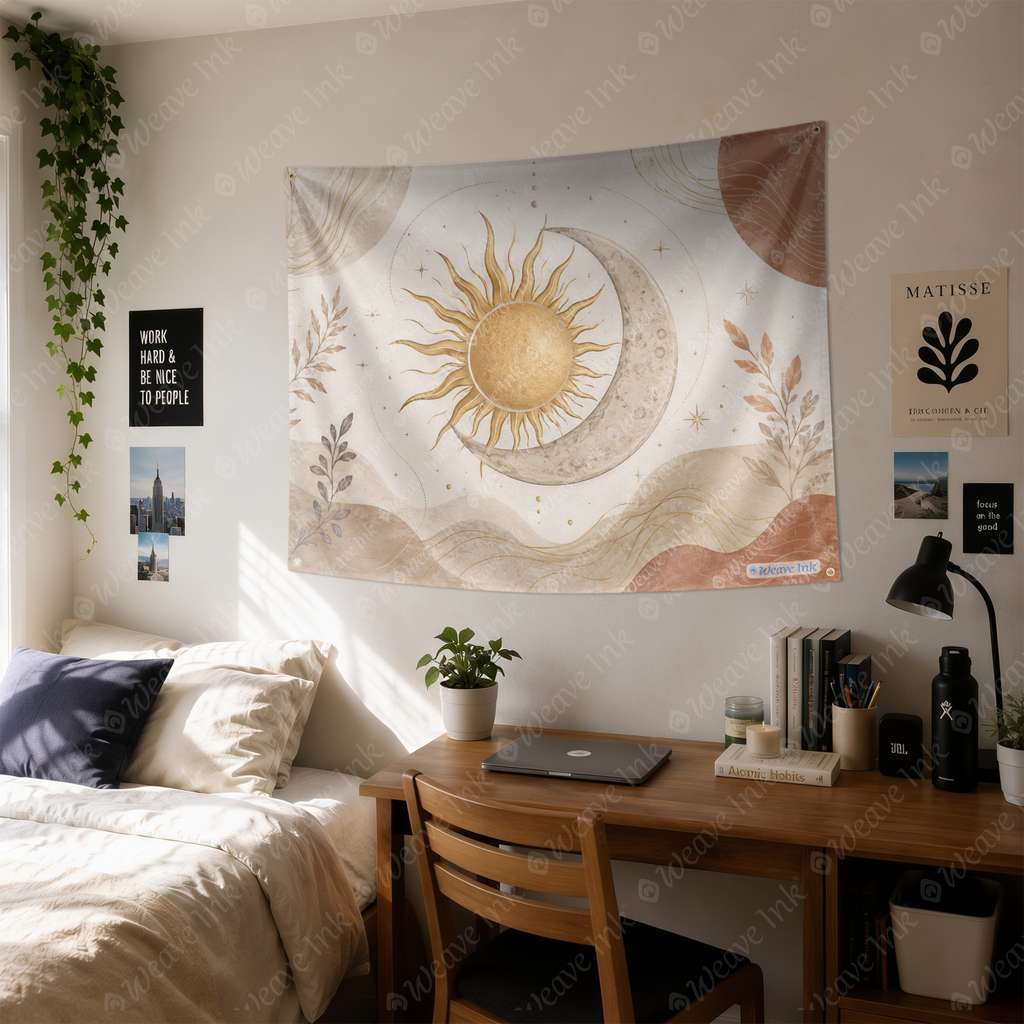 Boho Sun & Moon Tapestry Wall Hanging – Minimalist Neutral Celestial Wall Decor for Bedroom, Living Room & Dorm Room