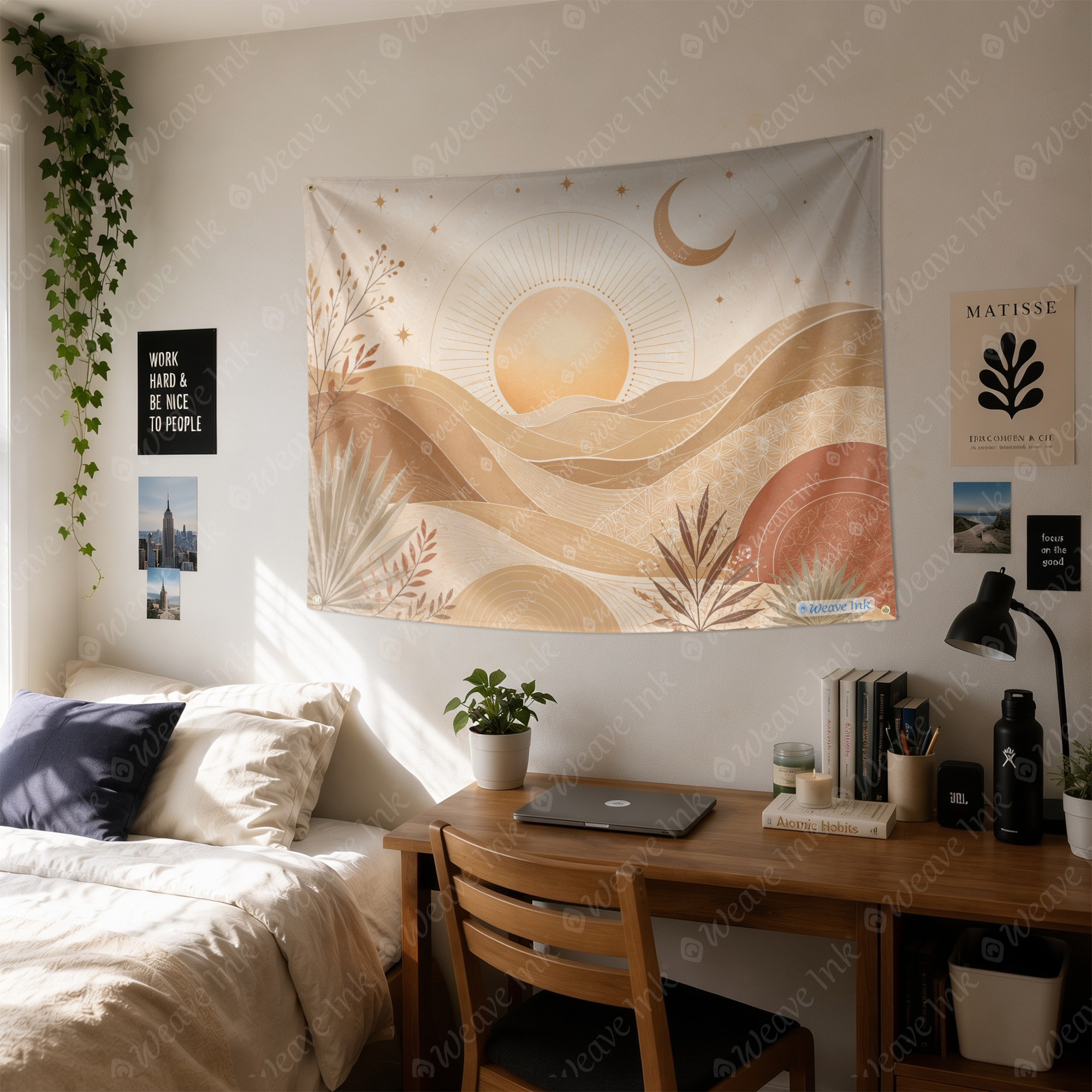 Boho Desert Sun & Moon Tapestry Wall Hanging – Minimalist Neutral Celestial Wall Decor for Bedroom, Living Room & Dorm Room